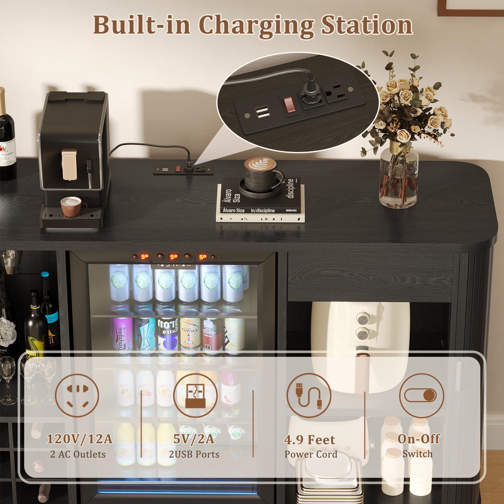 Lurinthal Coffee Bar Cabinet with Fridge Space, Liquor Wine Bar Cabinets with Wine Rack and Glass Holder, Mini Fridge Cabinet with Storage, Fluted Buffet Sideboard for Living Room, Home, Kitchen
