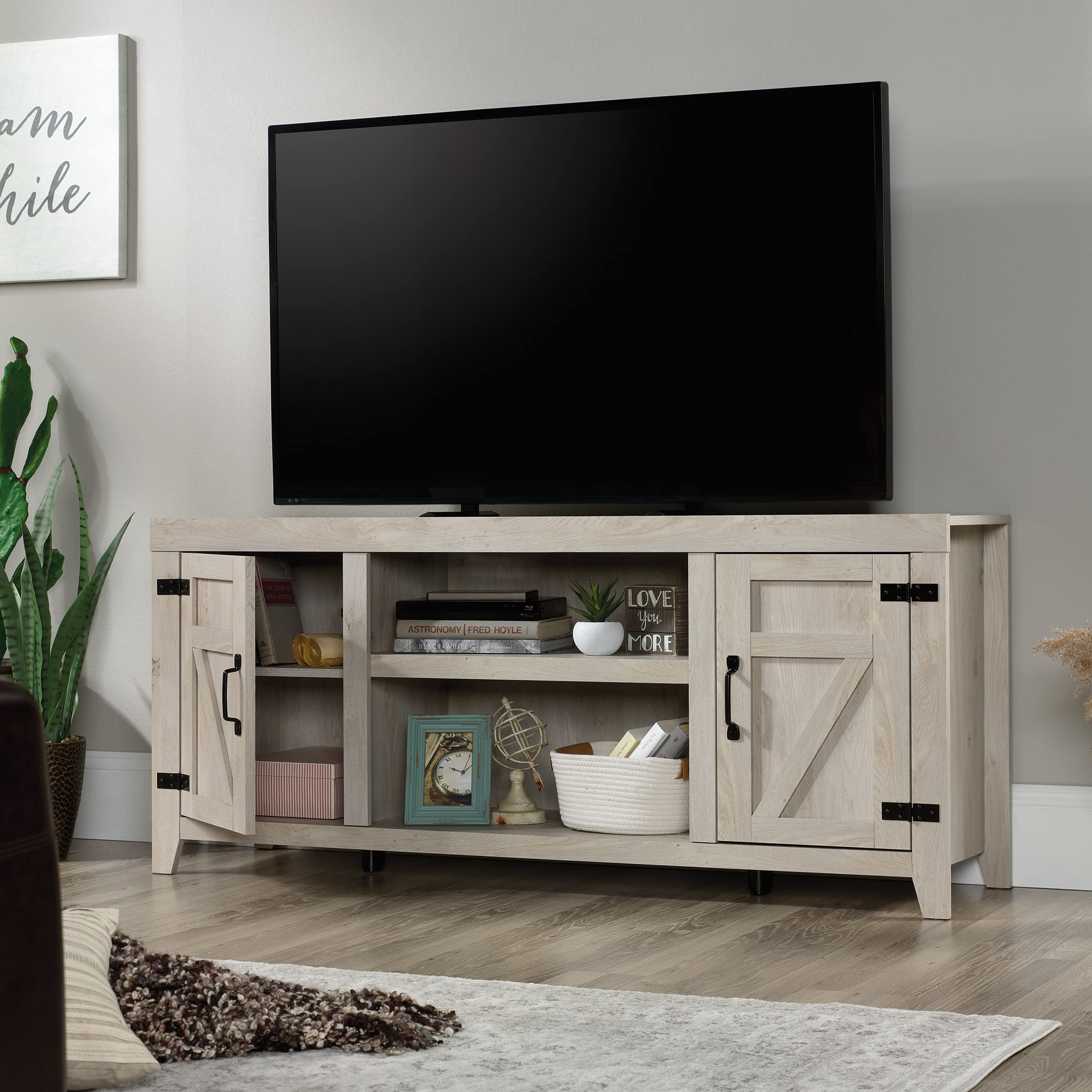 Sauder Misc Entertainment Farmhouse TV Credenza, for TVs up to 70", Chalked Chestnut Finish