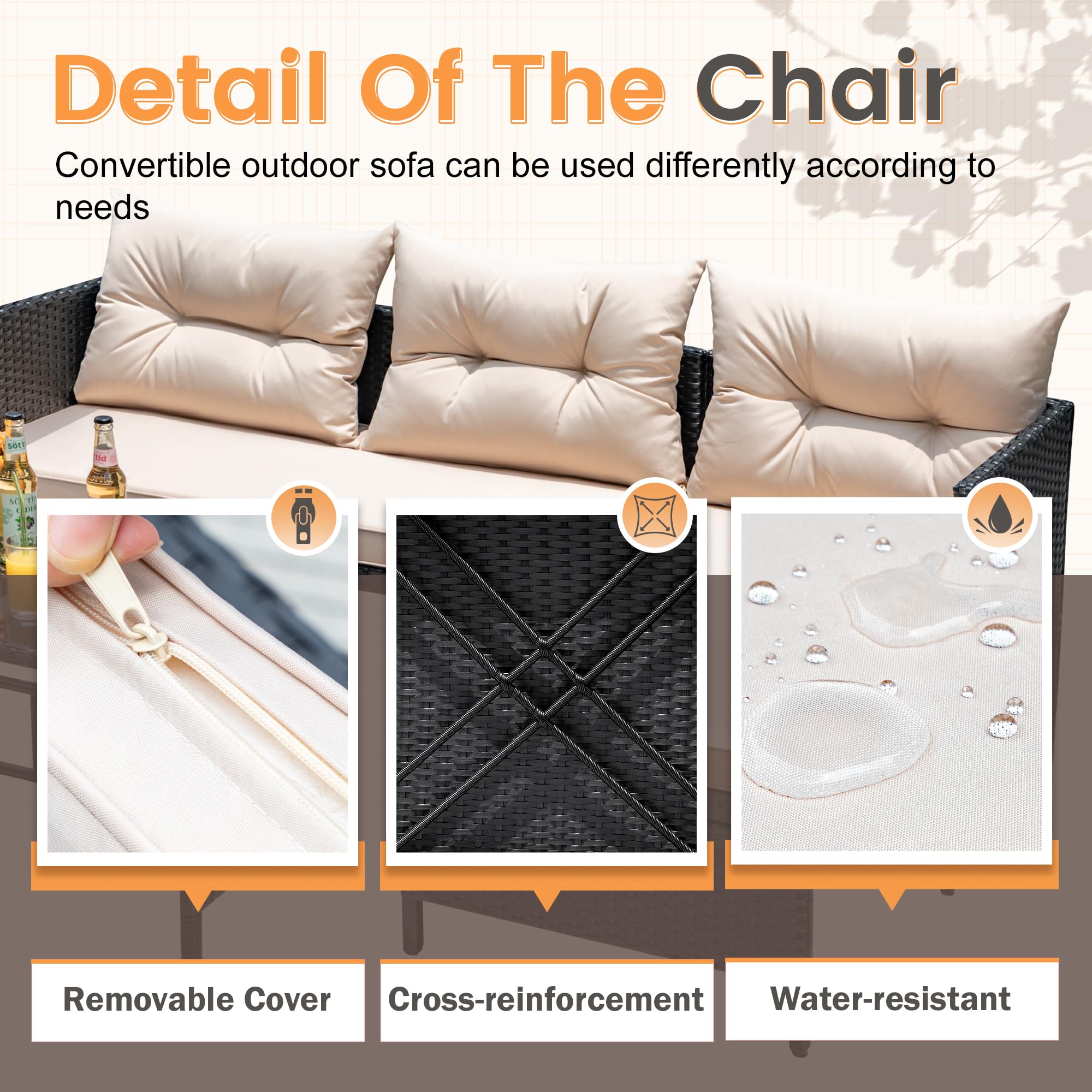 3-Piece L-Shaped Outdoor Sectional Sofa with Glass Table
