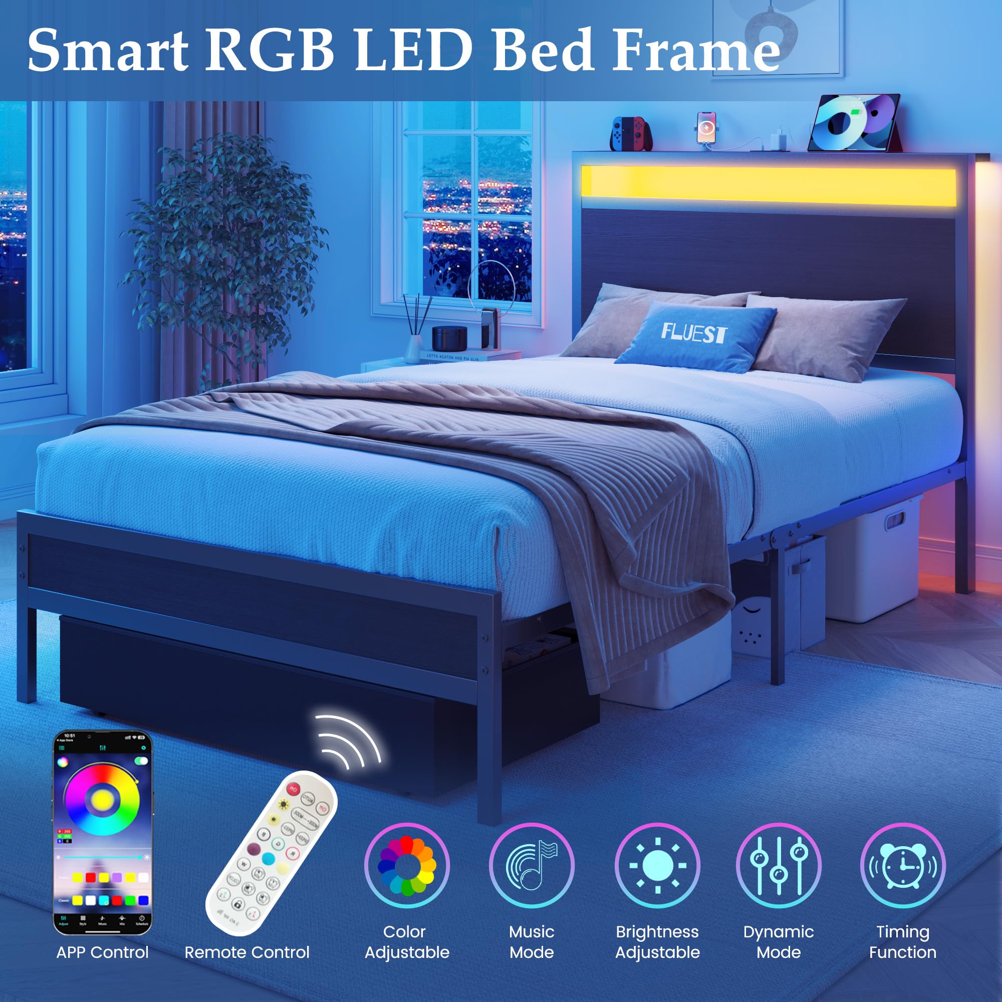 Twin Bed Frame with Storage Headboard, LED Lights & Charging Station