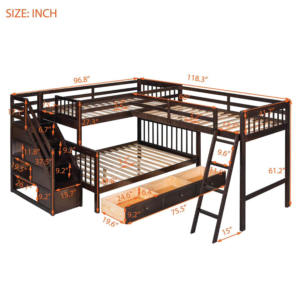 CITYLIGHT Triple Bunk Bed for Kids, Wooden L-Shaped Corner Bunk Bed with 3 Storage Drawers Attached a Twin Loft Bed,Bunk Beds with Stairs and Ladder for Boys Girls Teens,Espresso