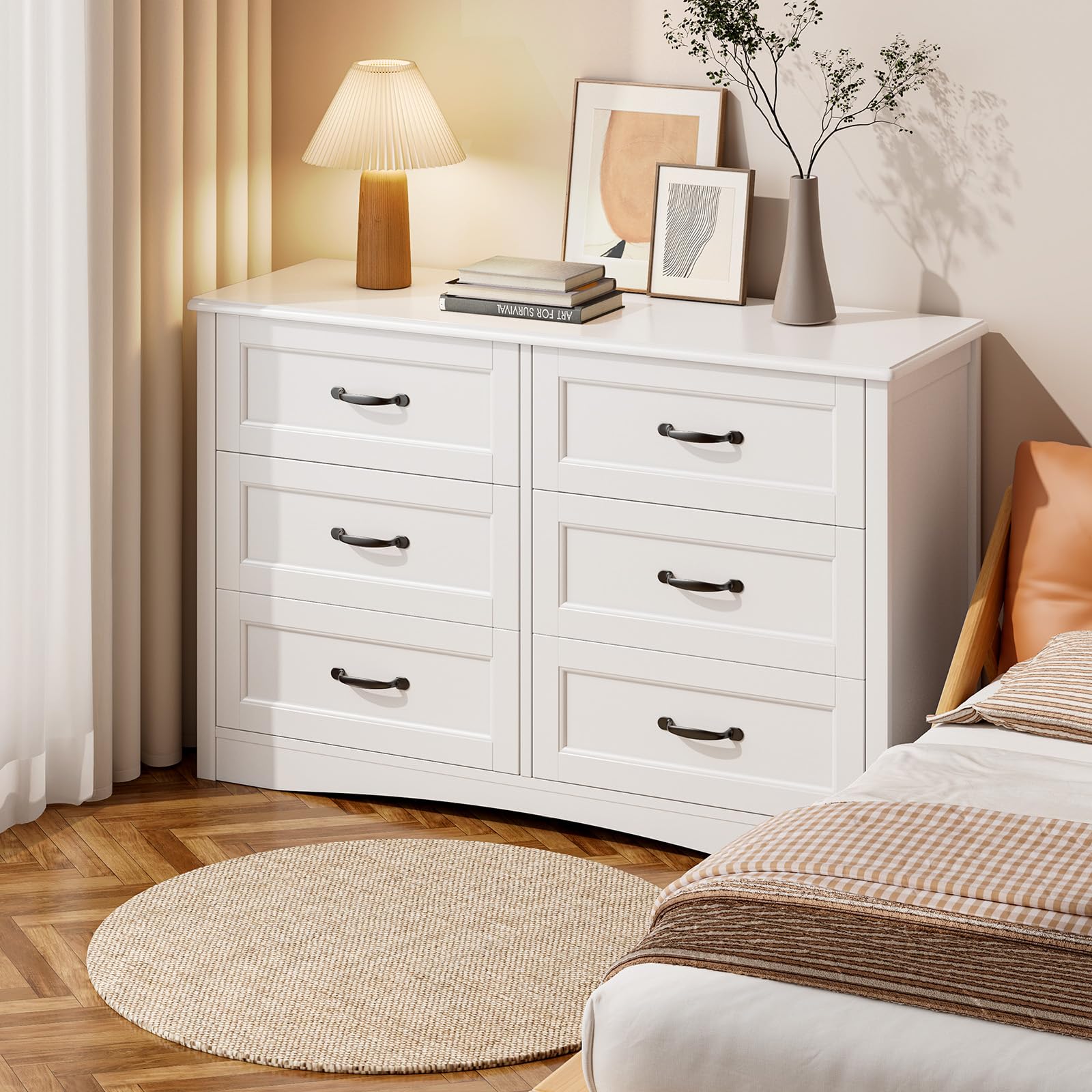 Gizoon 6 Drawer Dresser for Bedroom，47'' Larger Chest of Drawers with Mental Handle for Kids Room, White Dresser with 6 Storage Drawers for Living Room, Entryway and Hallway, White