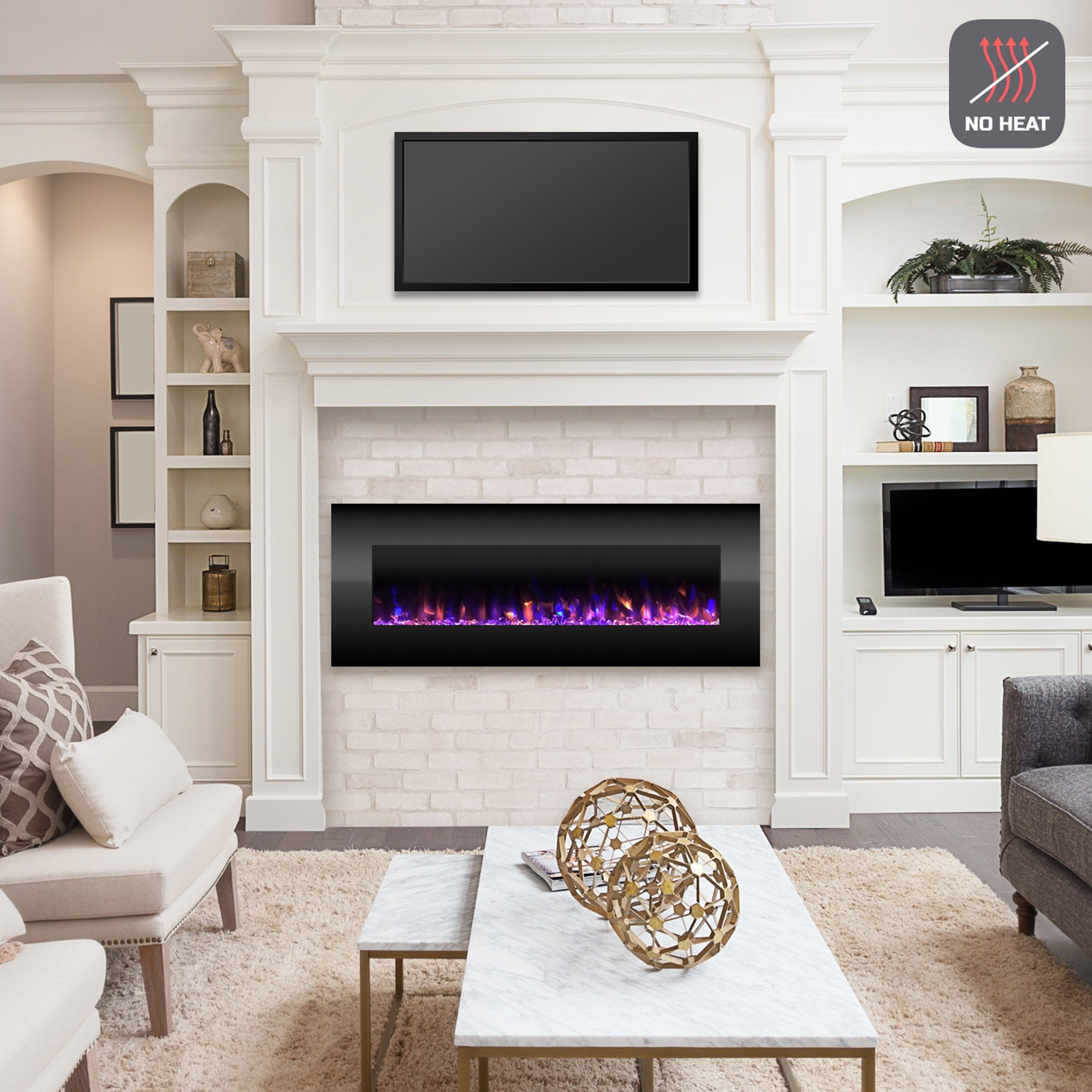 Northwest 54 Inch No Heat Wall Mounted Fireplace - Adjustable LED Flame Color and Brightness Electric Fireplace Wall Mounted with Crystal Background, Timer and Remote (Black)