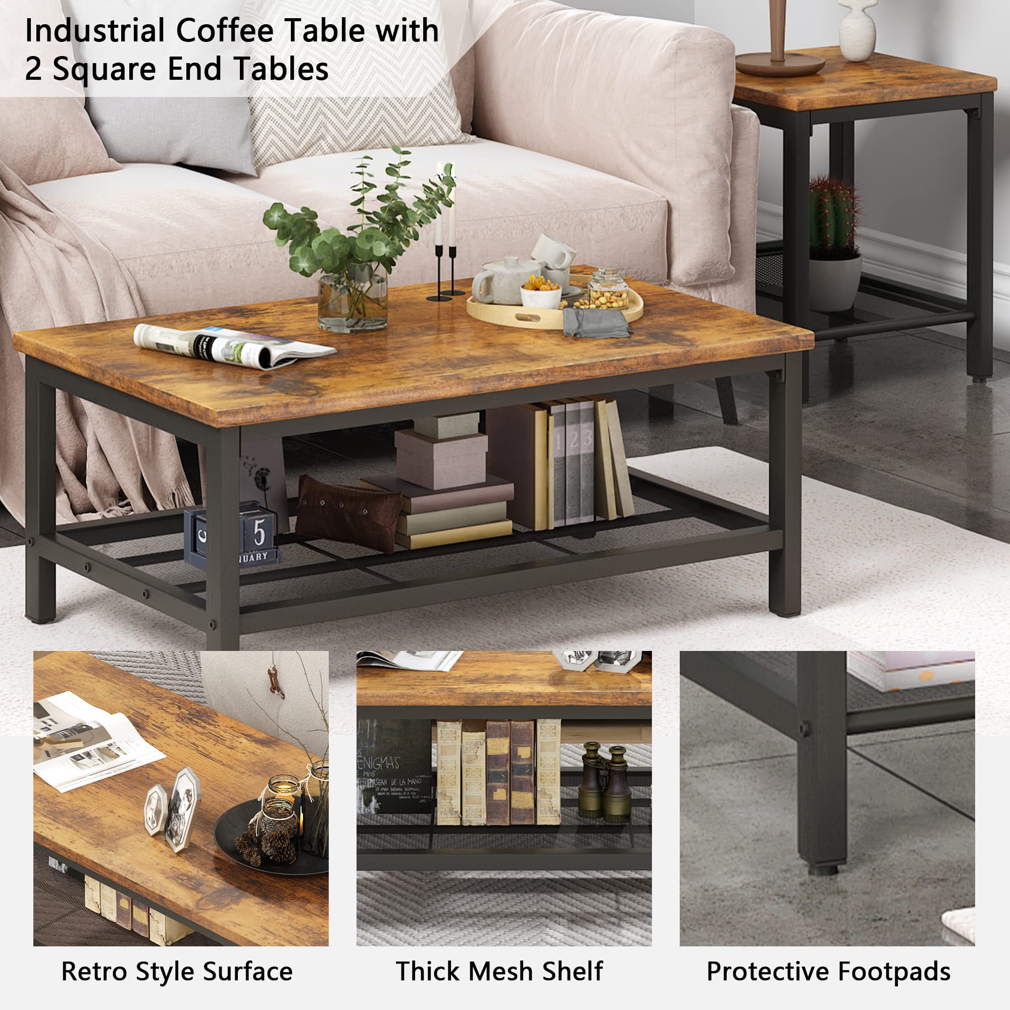 3-Piece Coffee & End Table Set with Metal Frame