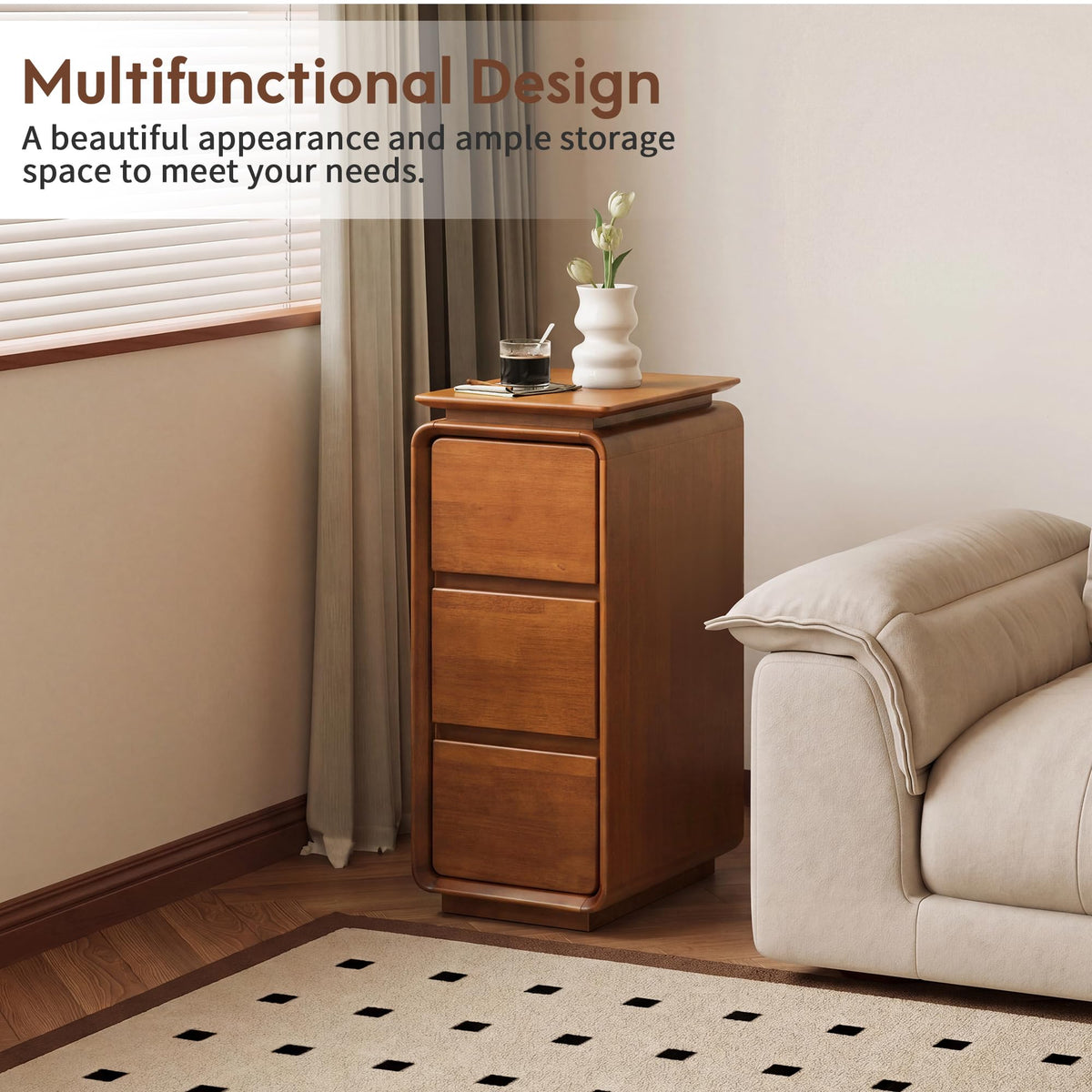 Solid Wood Nightstand, Fully Assembled Narrow Bedside Table for Bedroom