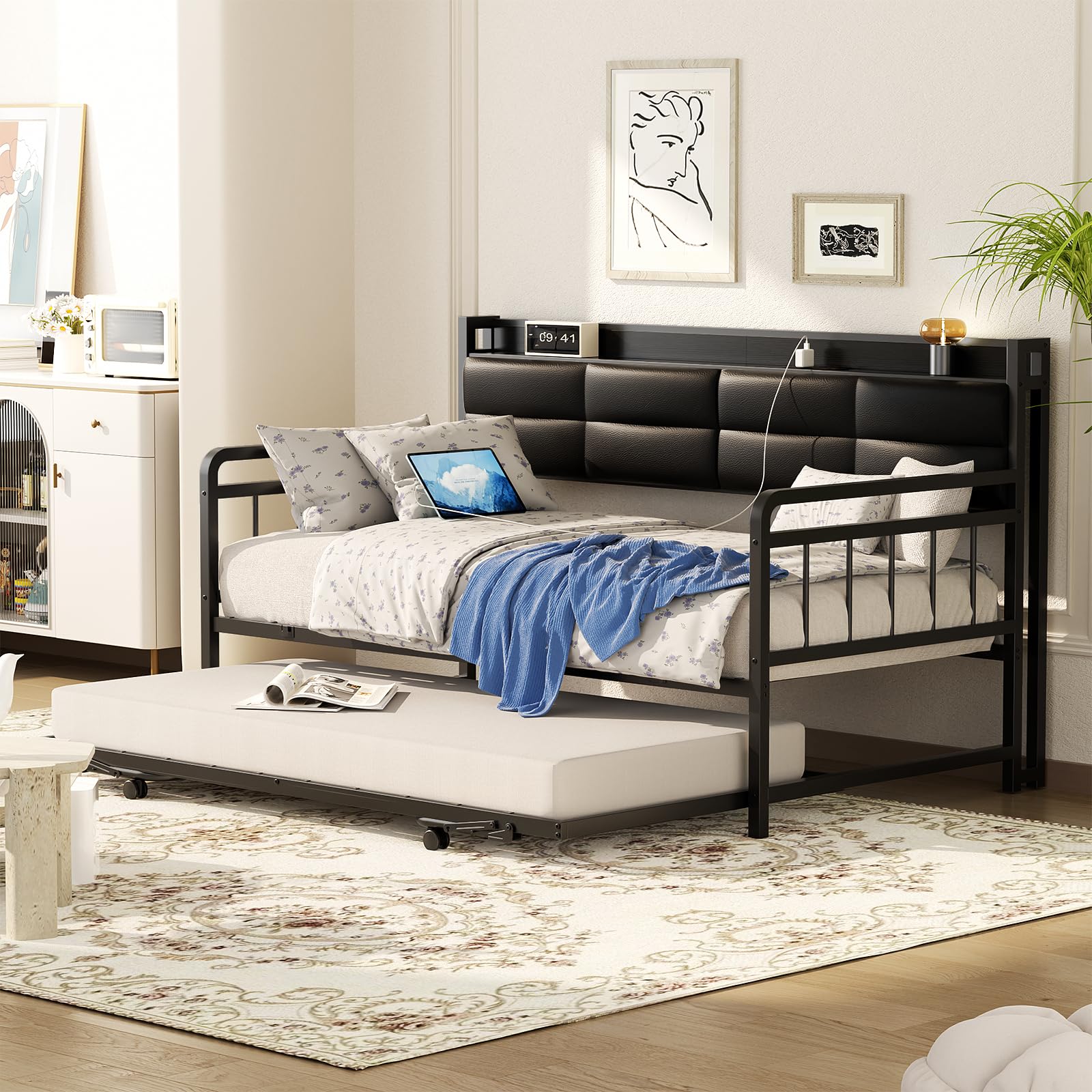 Homieasy Daybed with Trundle, Twin Day Bed with Upholstered Headboard and Charging Station, Metal Twin Sofa Bed Frame Pop-up Trundle Bed for Bedroom and Guest Room, Black