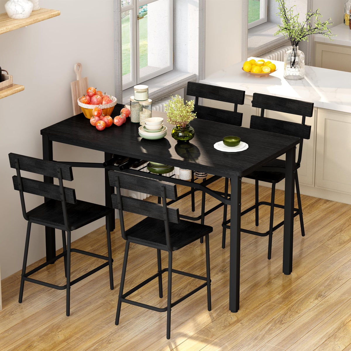 Hooseng 5-Piece Dining Table Set for 4, Counter Height Kitchen Table Chairs Set with Storage, Modern Small Dining Room Set, Space-Saving Dinette Set for Pub, Breakfast Nook, Apartment