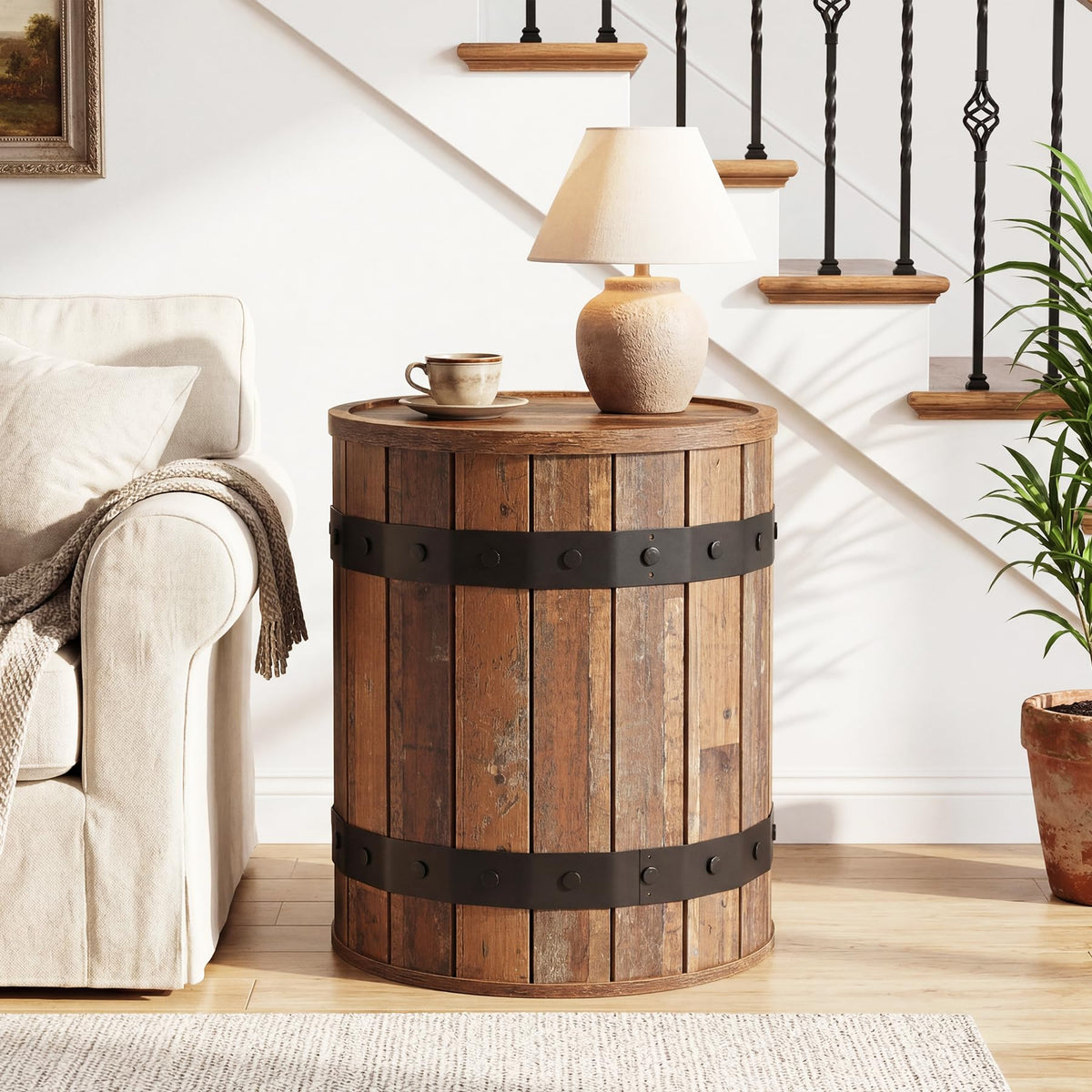 Rustic Barrel Storage Side Table
