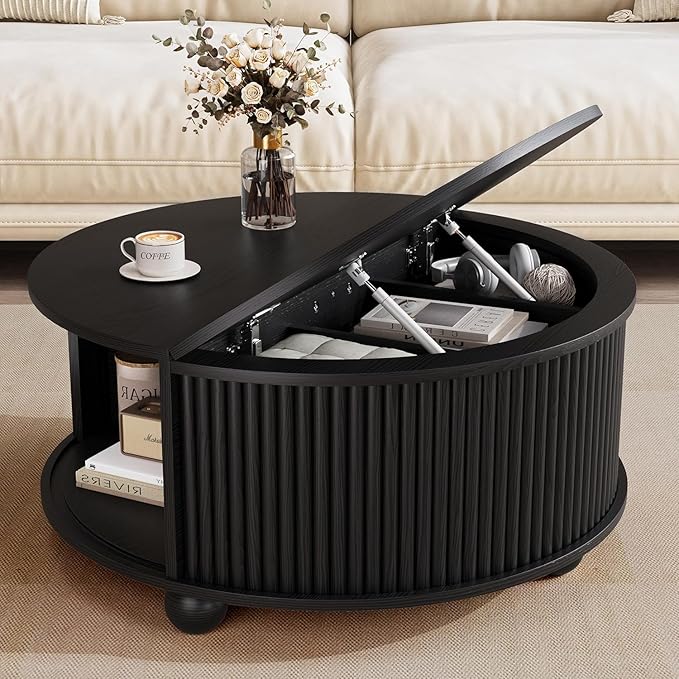 Fluted Round Coffee Table with Sliding Storage