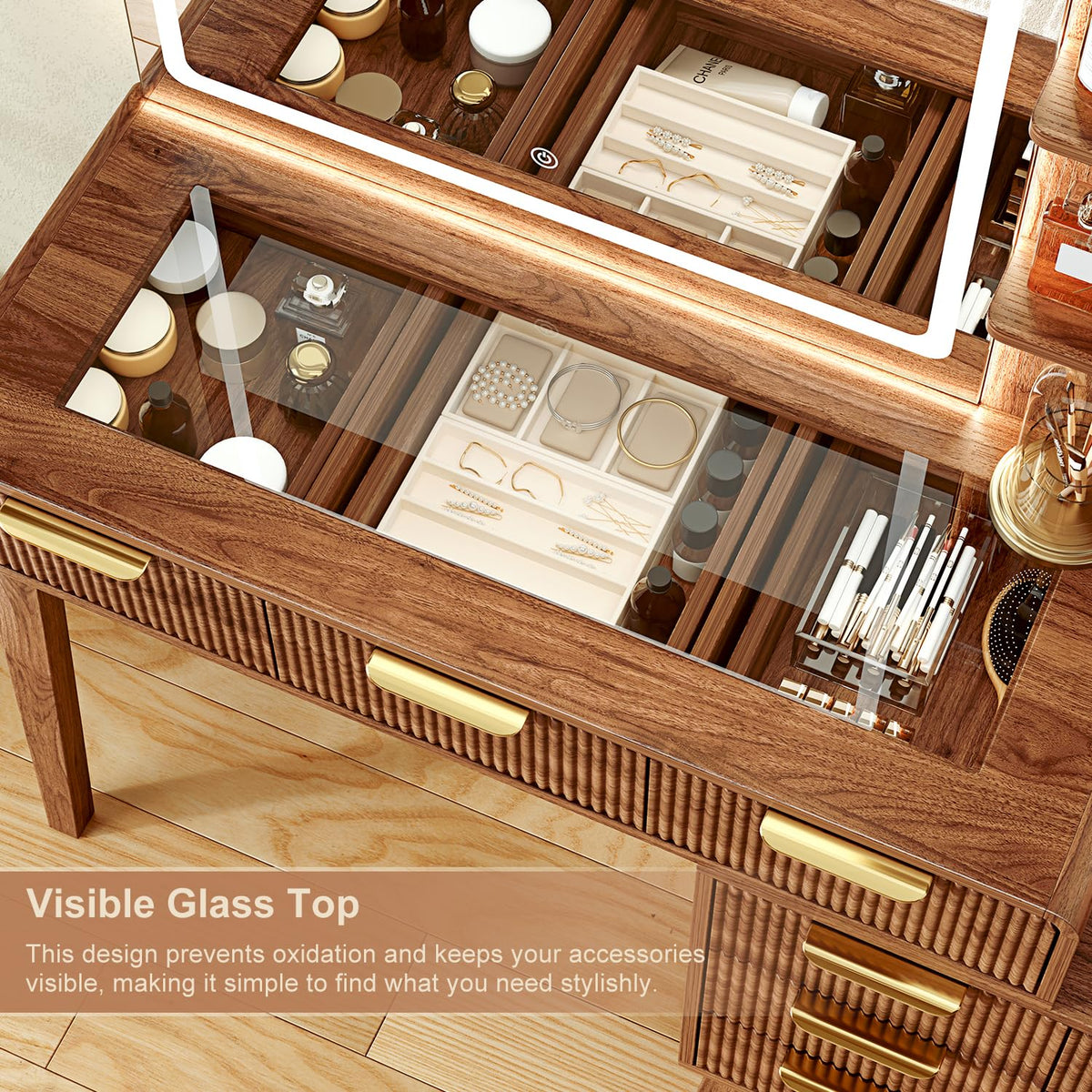 Glass Top Makeup Vanity with 3-Color LED Lighted Mirror & Power Strip, Large Vanity Table with 9 Drawers, Enclosed Cabinet & 2-Tier Open Shelves, Wooden Legs Bedroom Dressing Table, 51.38"W, Brown