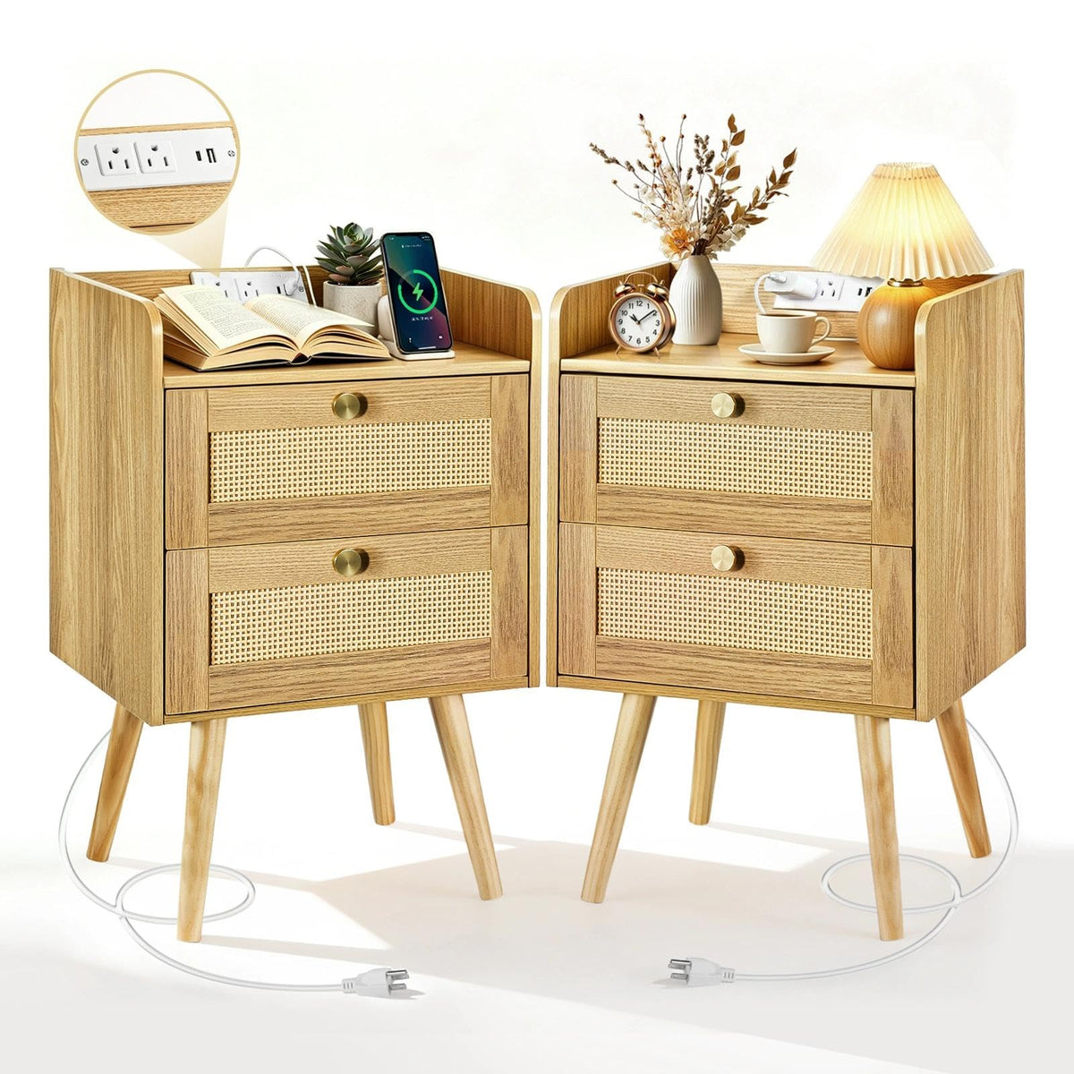 Rattan Nightstands with Charging Station, Set of 2