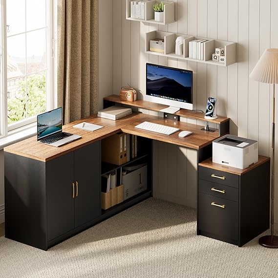L-Shaped Desk with Storage Cabinet & Monitor Stand