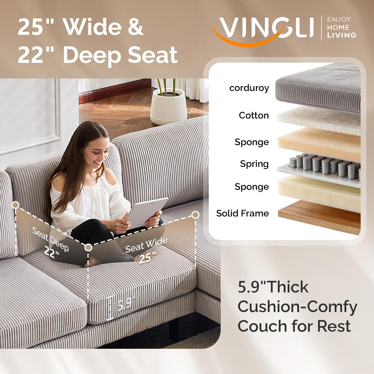 U-Shaped Corduroy Sectional Sofa