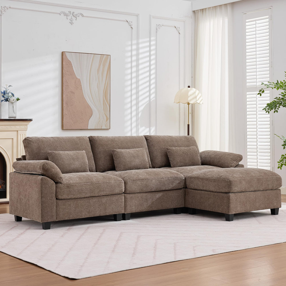 Immulize Sectional Sofa, L Shaped Cloud Couch with Movable Ottoman, Brown