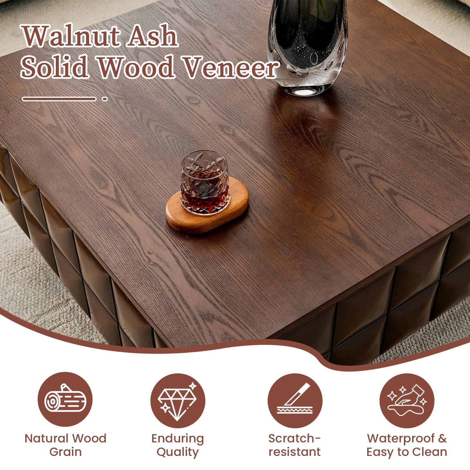 LKTART Coffee Table with Storage, 31.89" Square Coffee Table with Solid Wood Veneered, Unique Wood Center Table for Living Room Home Office (Walnut)