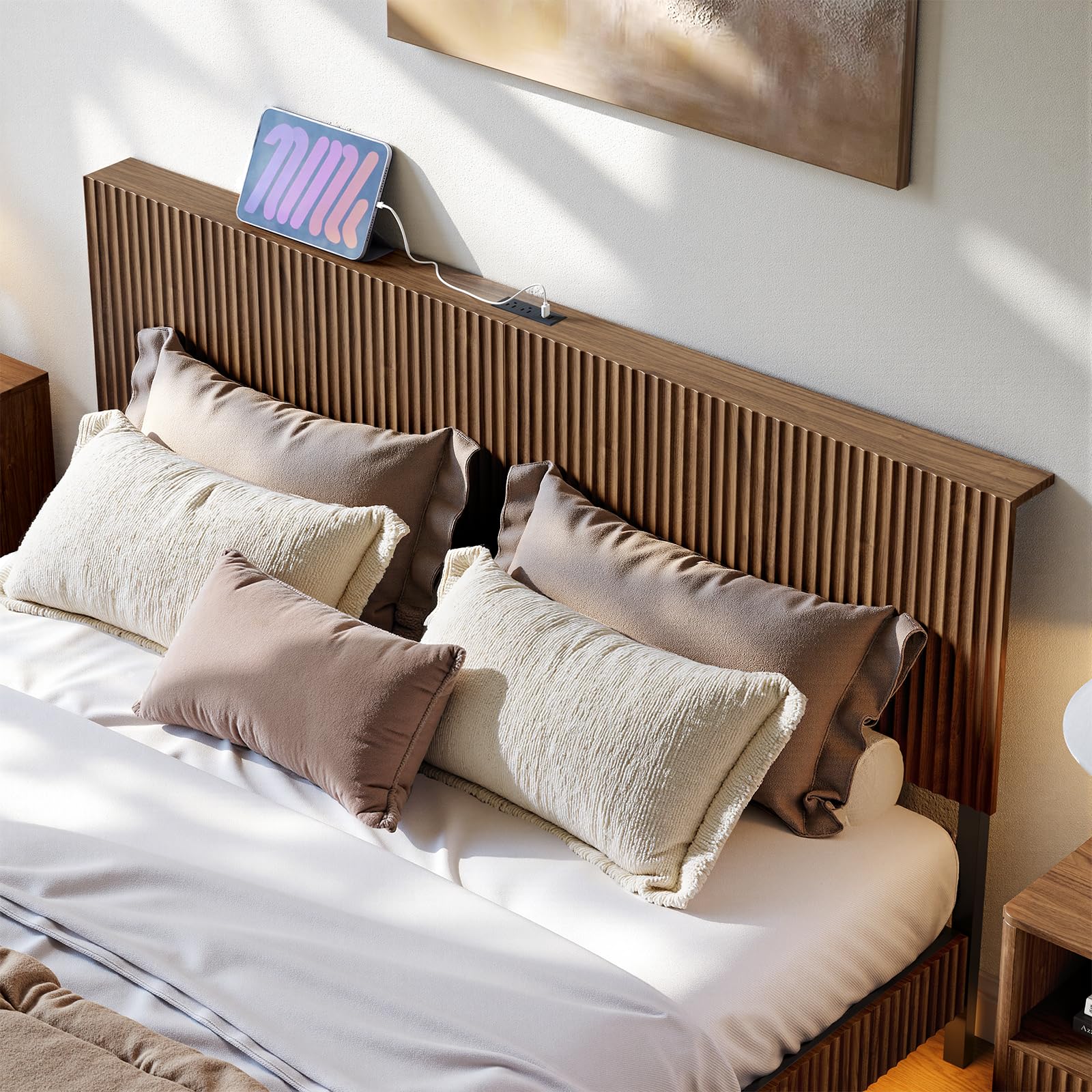 Floating Bed Frame with LED Lights & Charging Station