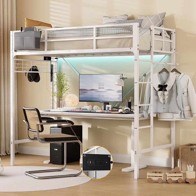 Twin Metal Loft Bed with LED Lights
