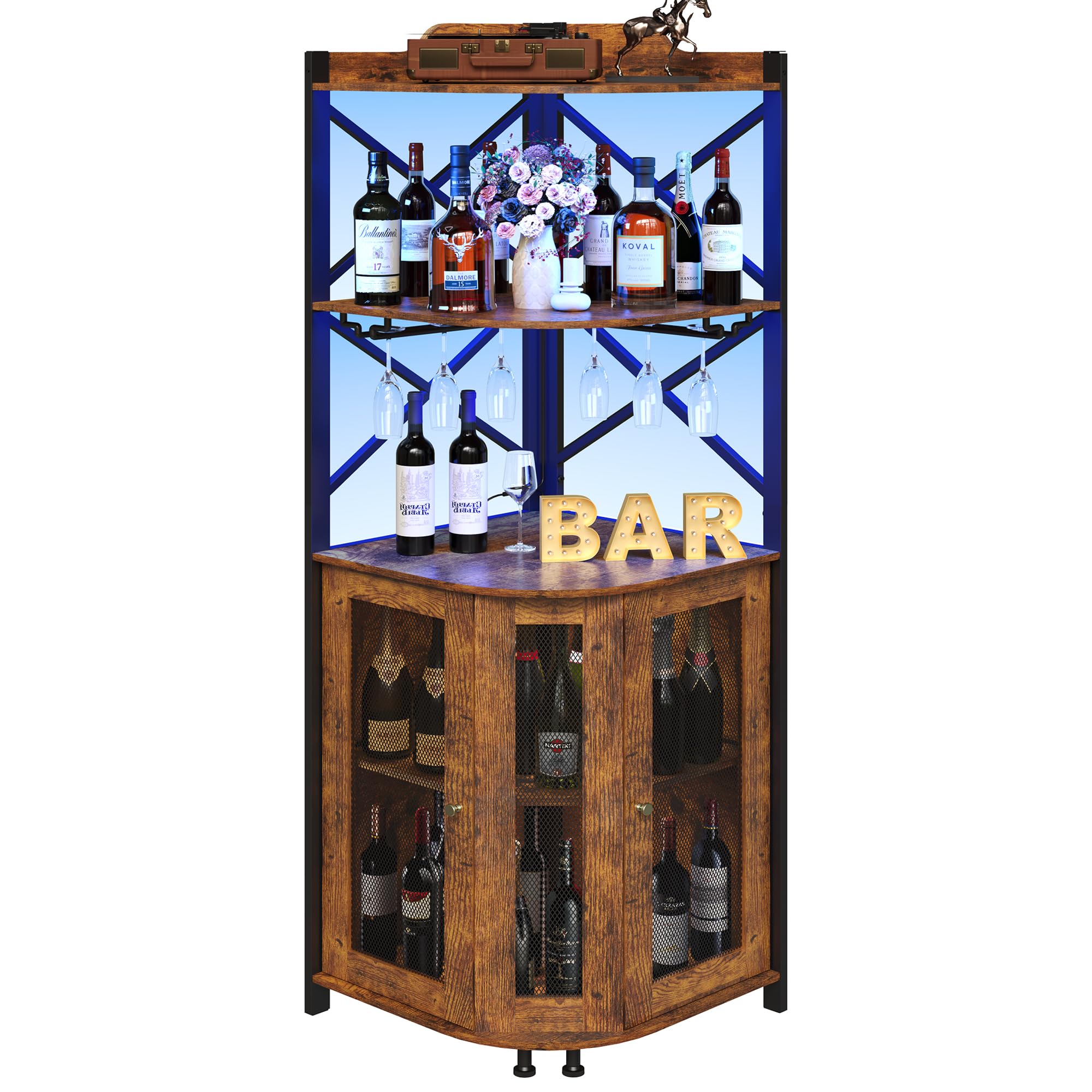 5-Tier Corner Bar Cabinet with LED Lights & Glass Holder
