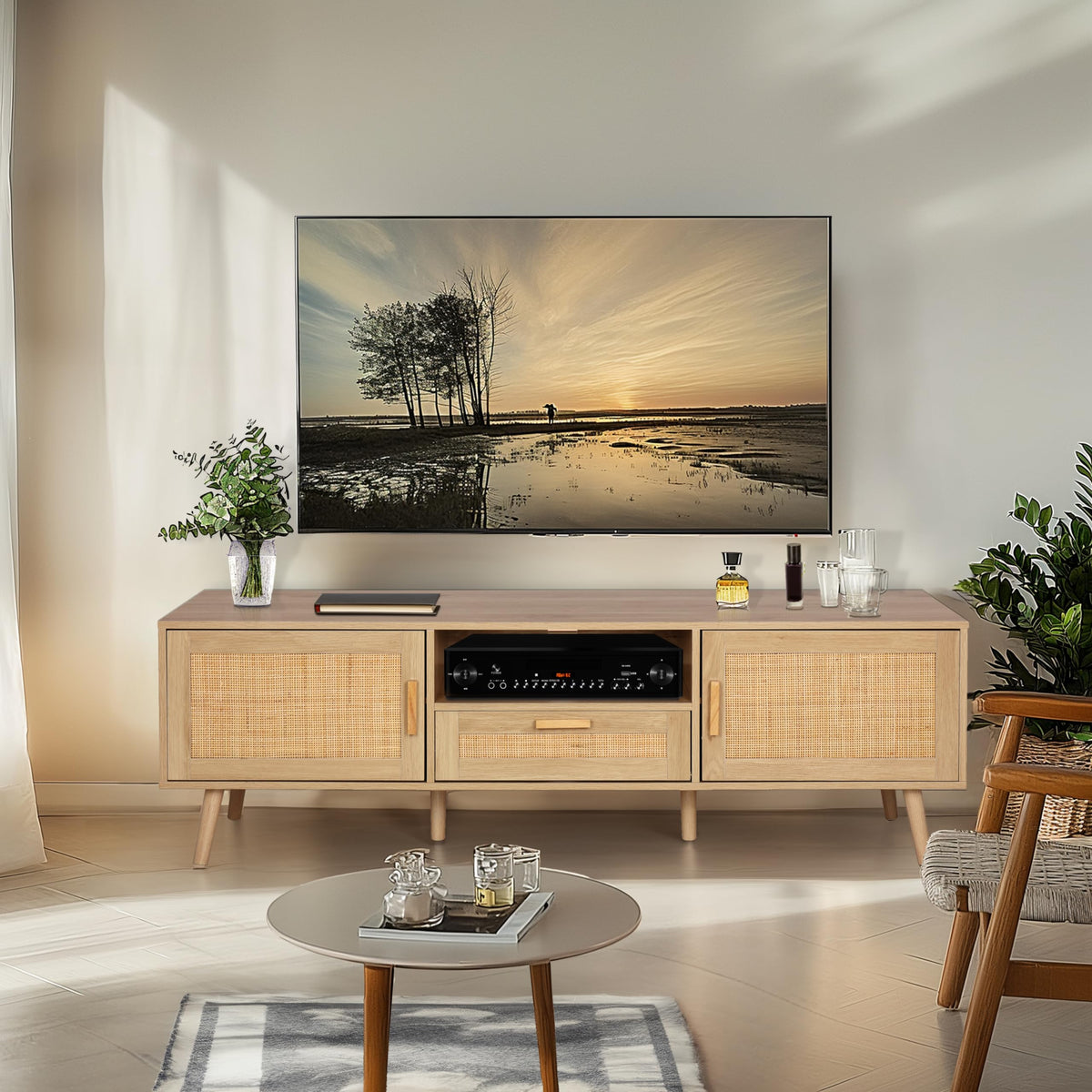 Finnhomy 59 Inch Boho TV Stand for up to 70 inch TV, TV Console with 2 Hand Made Rattan Decorated Doors, Living Room Entertainment Center TV Table with Storage, Natural