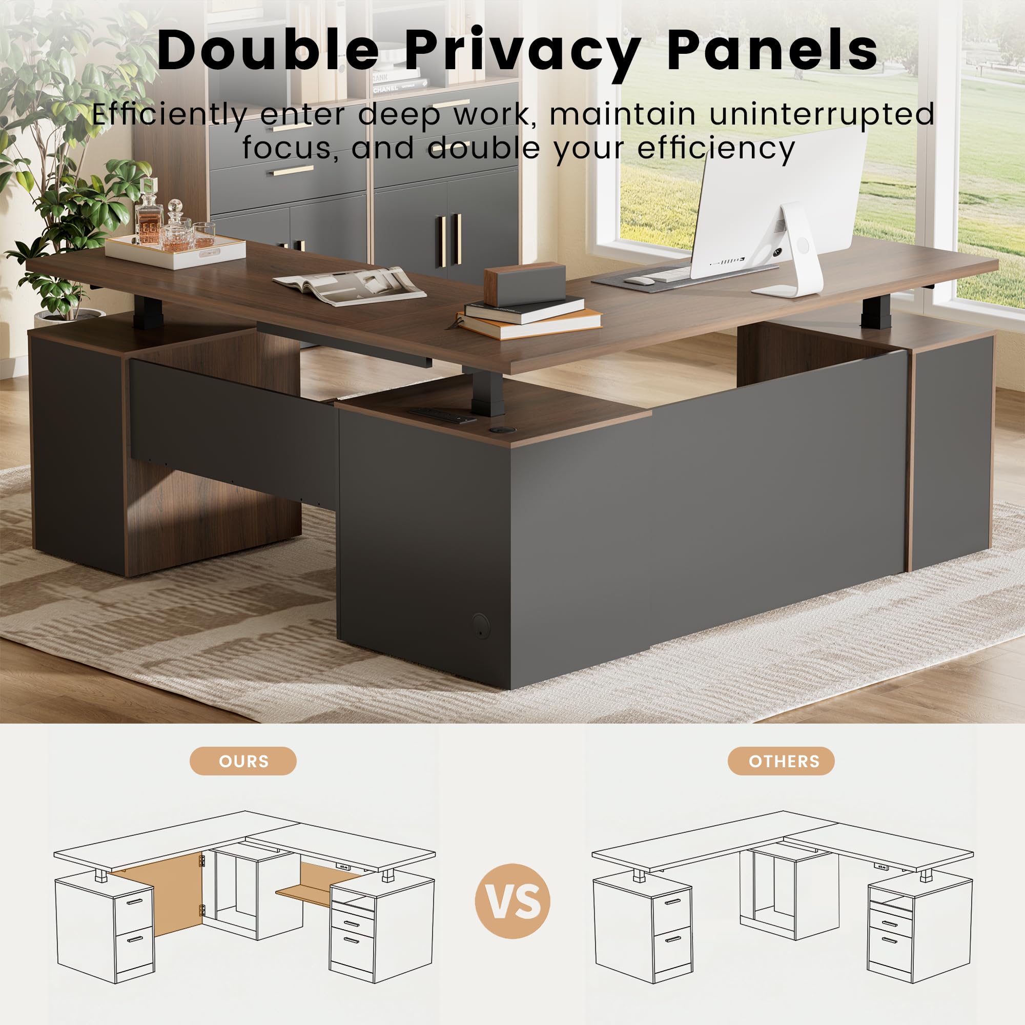 L-Shaped Electric Standing Desk with Drawers & Privacy Panel
