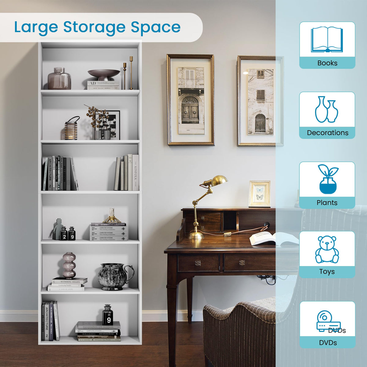 White 6-Tier Bookshelf