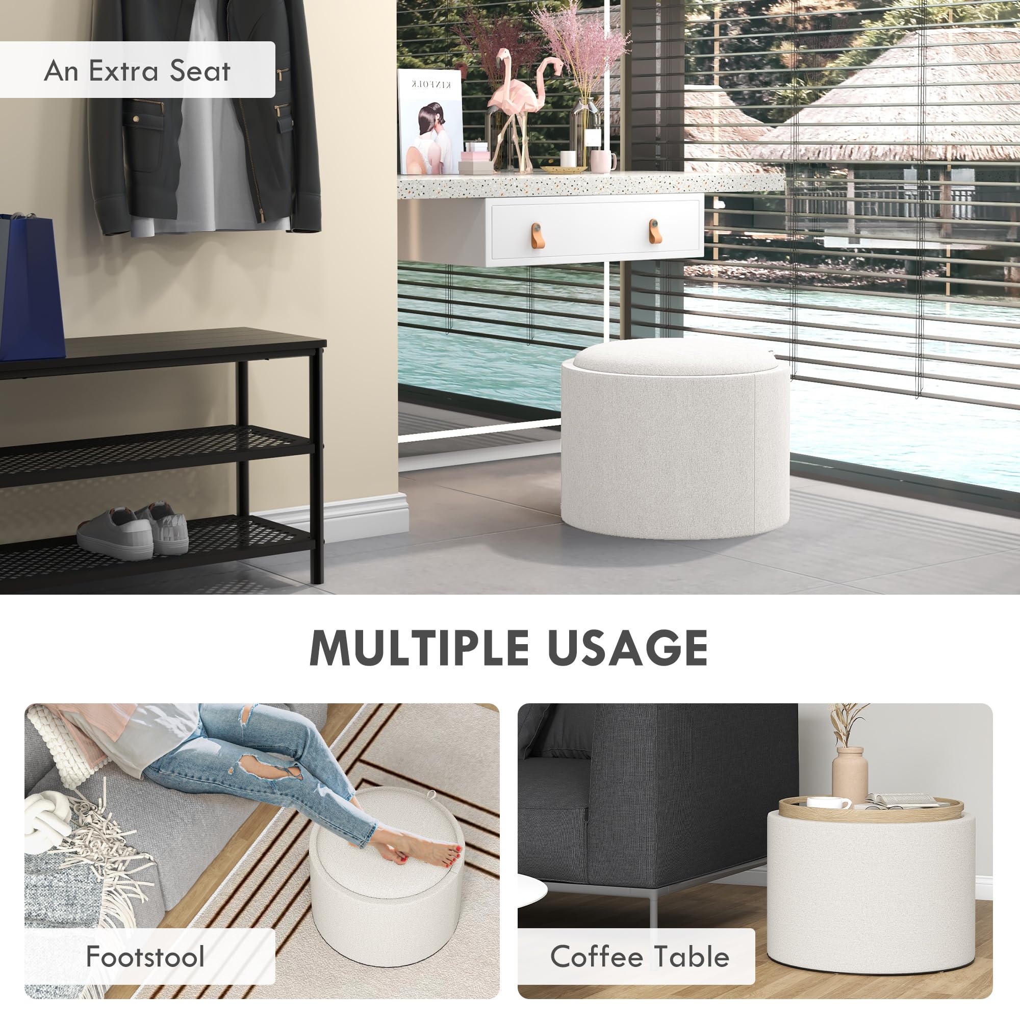 Round Storage Ottoman with Flip-Top Tray
