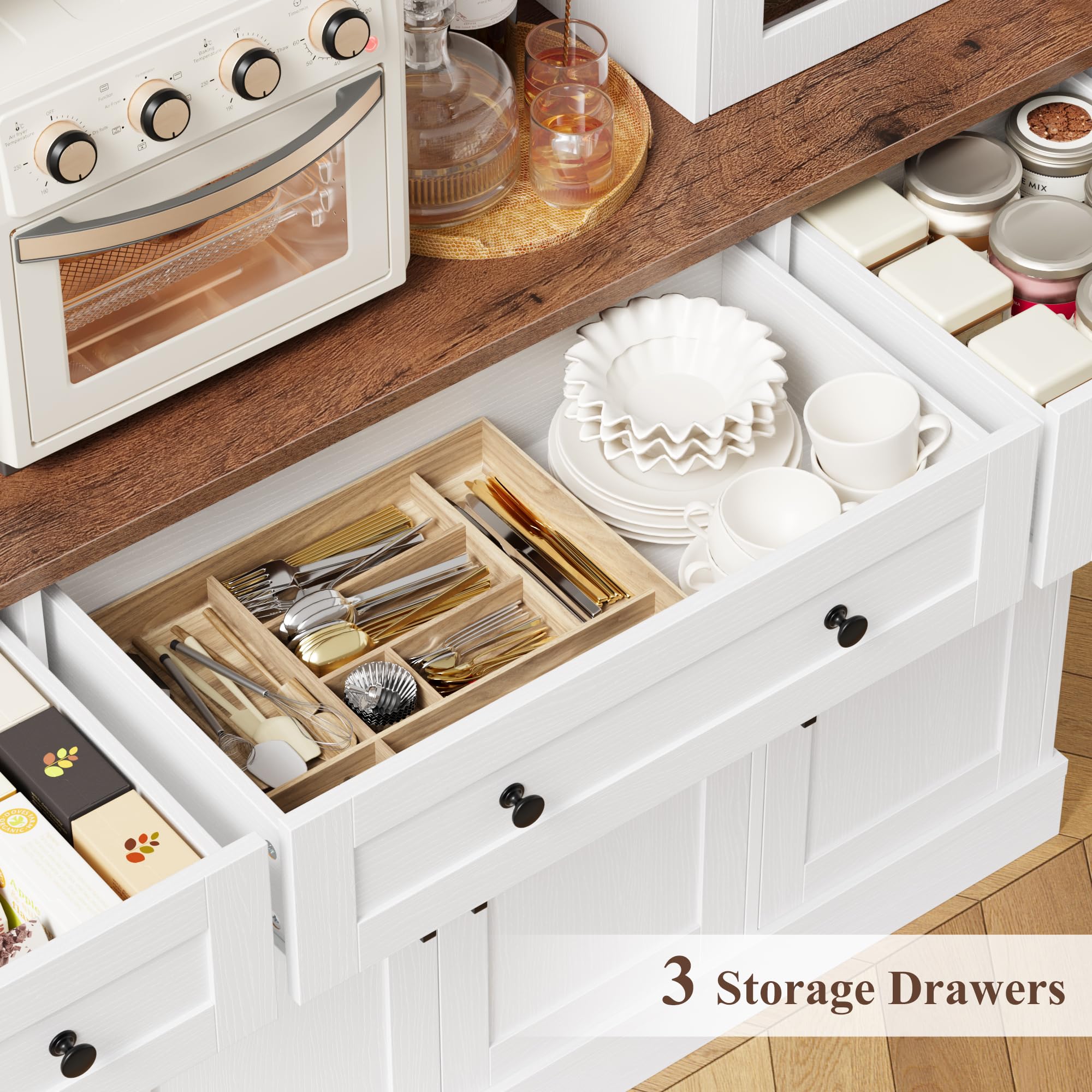 Tall Pantry Cabinet with Glass Doors & Microwave Stand