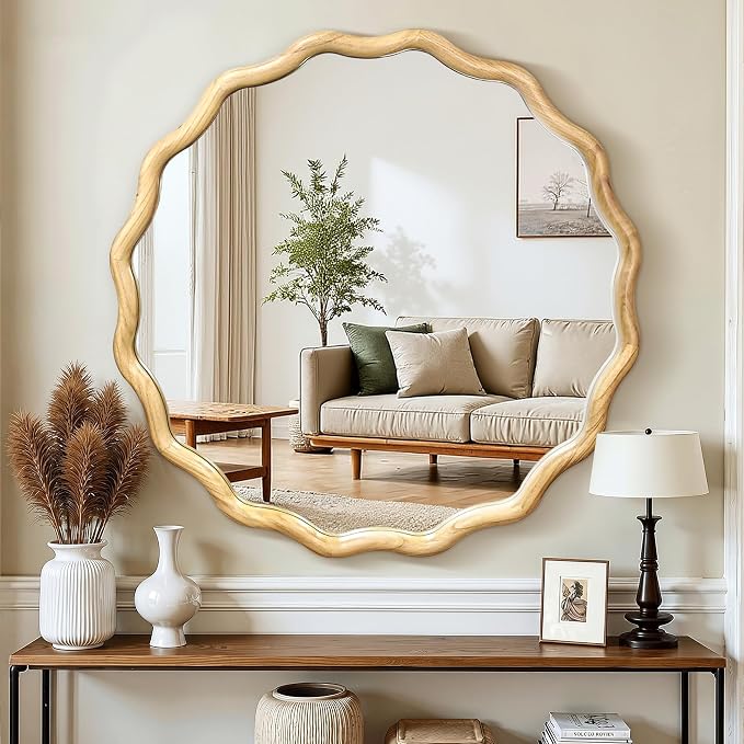 Round Wavy Wood-Framed Wall Mirror