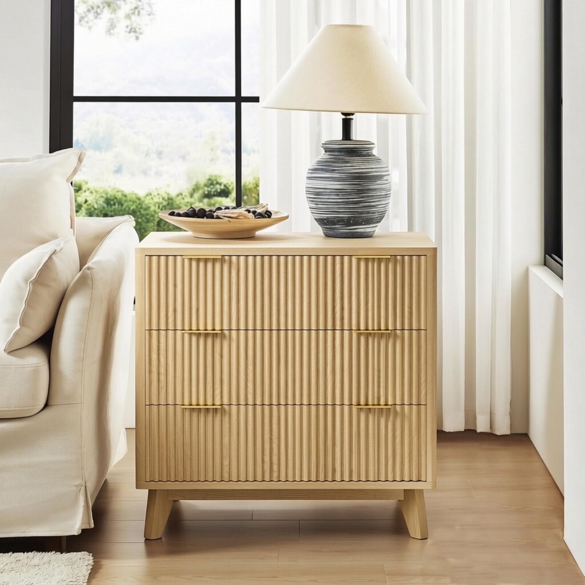 32" Fluted Nightstand with Fast Charging Station & 3 Drawers
