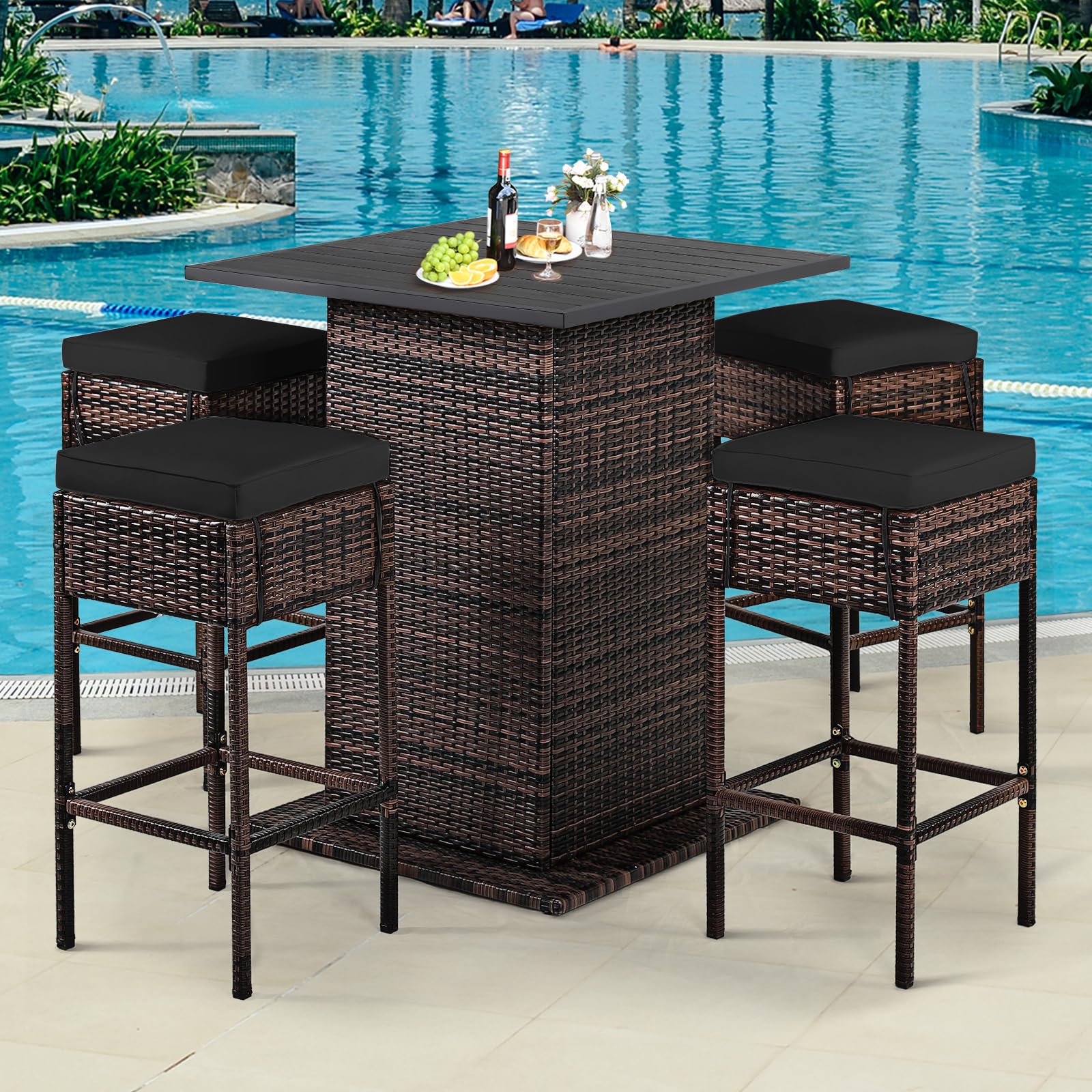 RELAX4LIFE 5-Piece Outdoor Bar Set, Wicker Rattan Bar Height Patio Set w/4 Cushion Bar Stools & Table with Hidden Storage, 5PCS Outdoor High Top Table and Chairs Set for Backyard Poolside (Black)