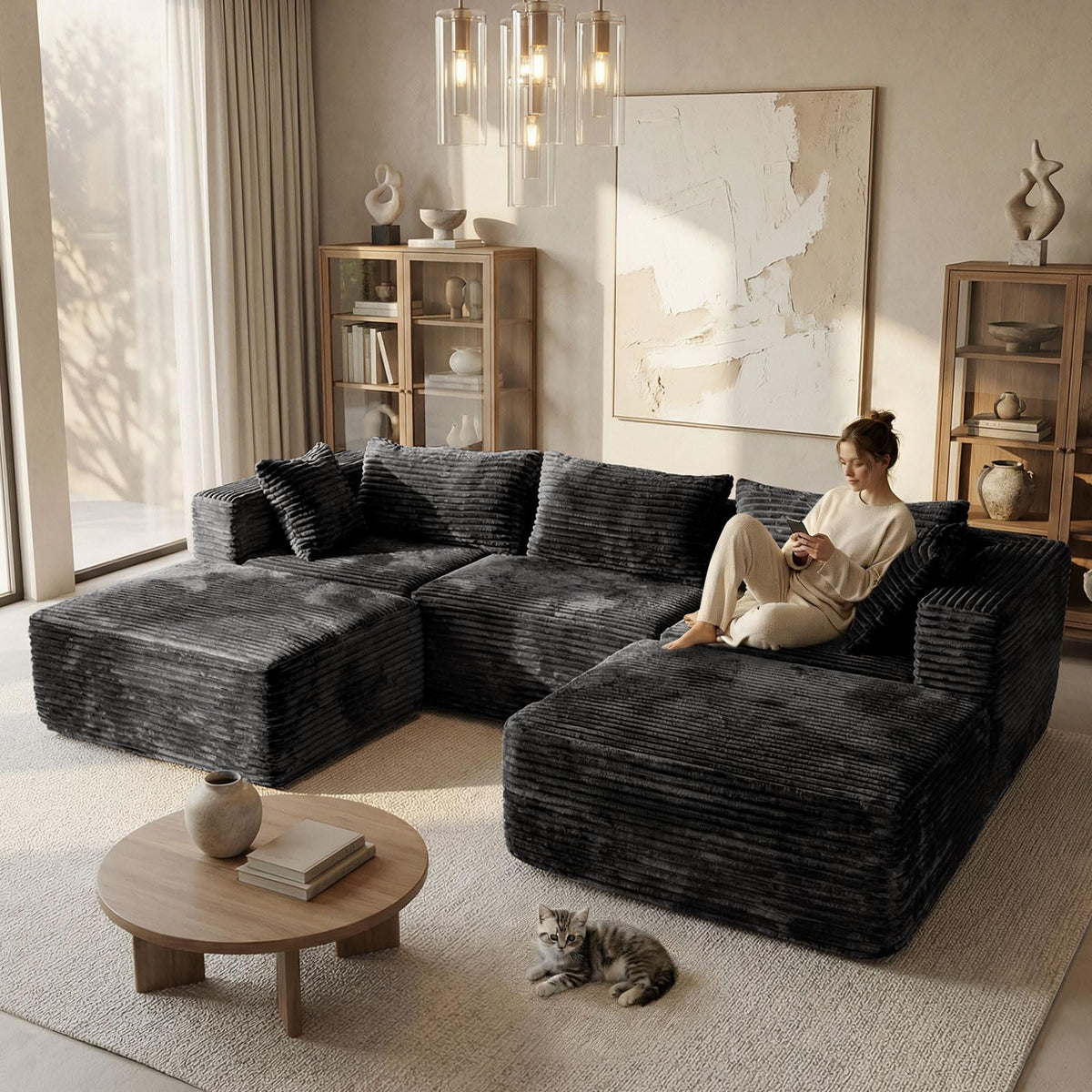 110 Modular Sectional Boneless Sofa with 2 Ottomans, Corduroy U-Shaped Modular Sectional Sofa, Convertible Cloud Couch with Deep Seats, No Assembly Required (Black, 110" 3Seat+2 0ttoman)