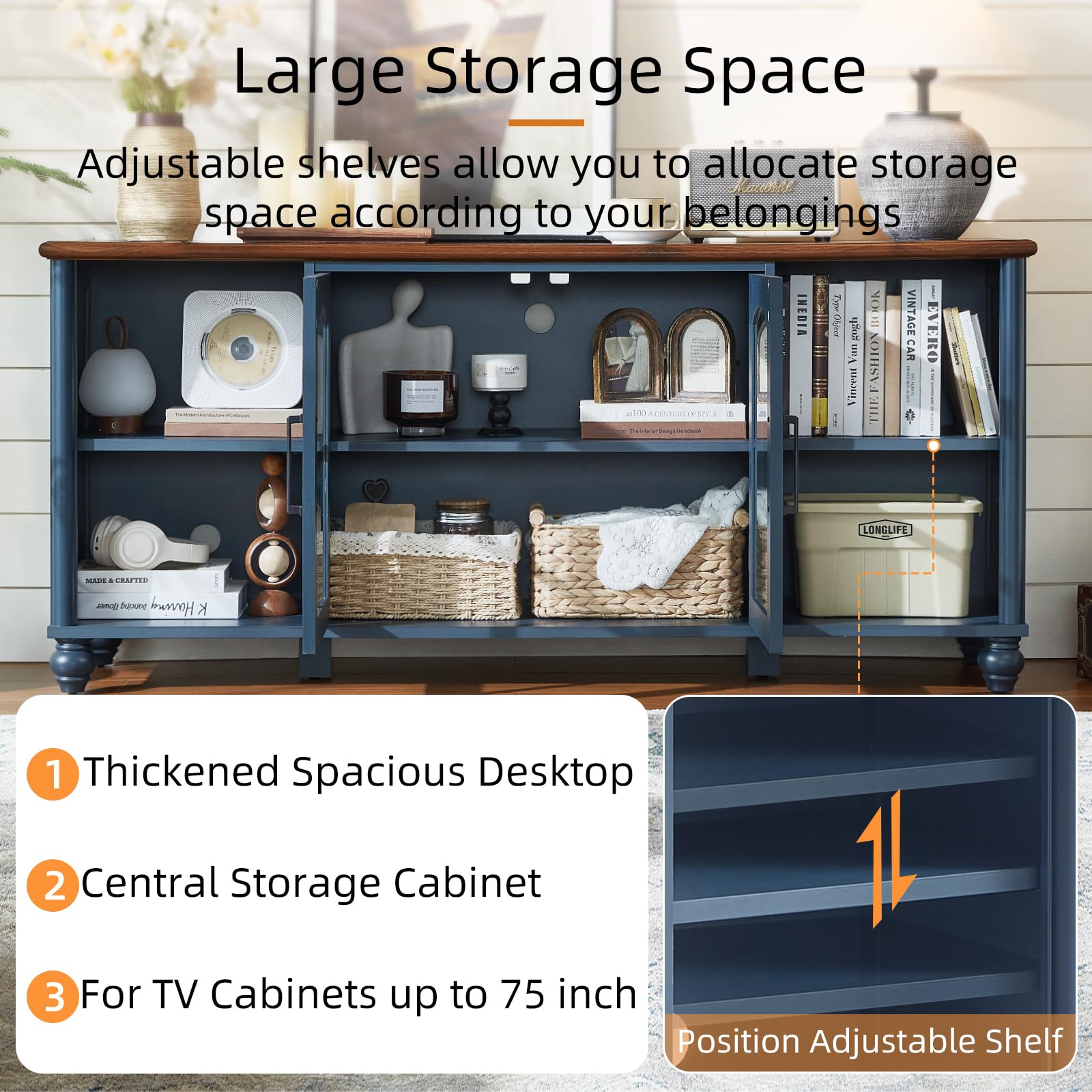 RWYHG Farmhouse TV Stand for 60 Inch TV, Wood Entertainment Center with Adjustable Shelves & Glass Door Storage Cabinet,Television Stands for 65" TVS,TV Console Table for Living Room,Bedroom,Navy Blue