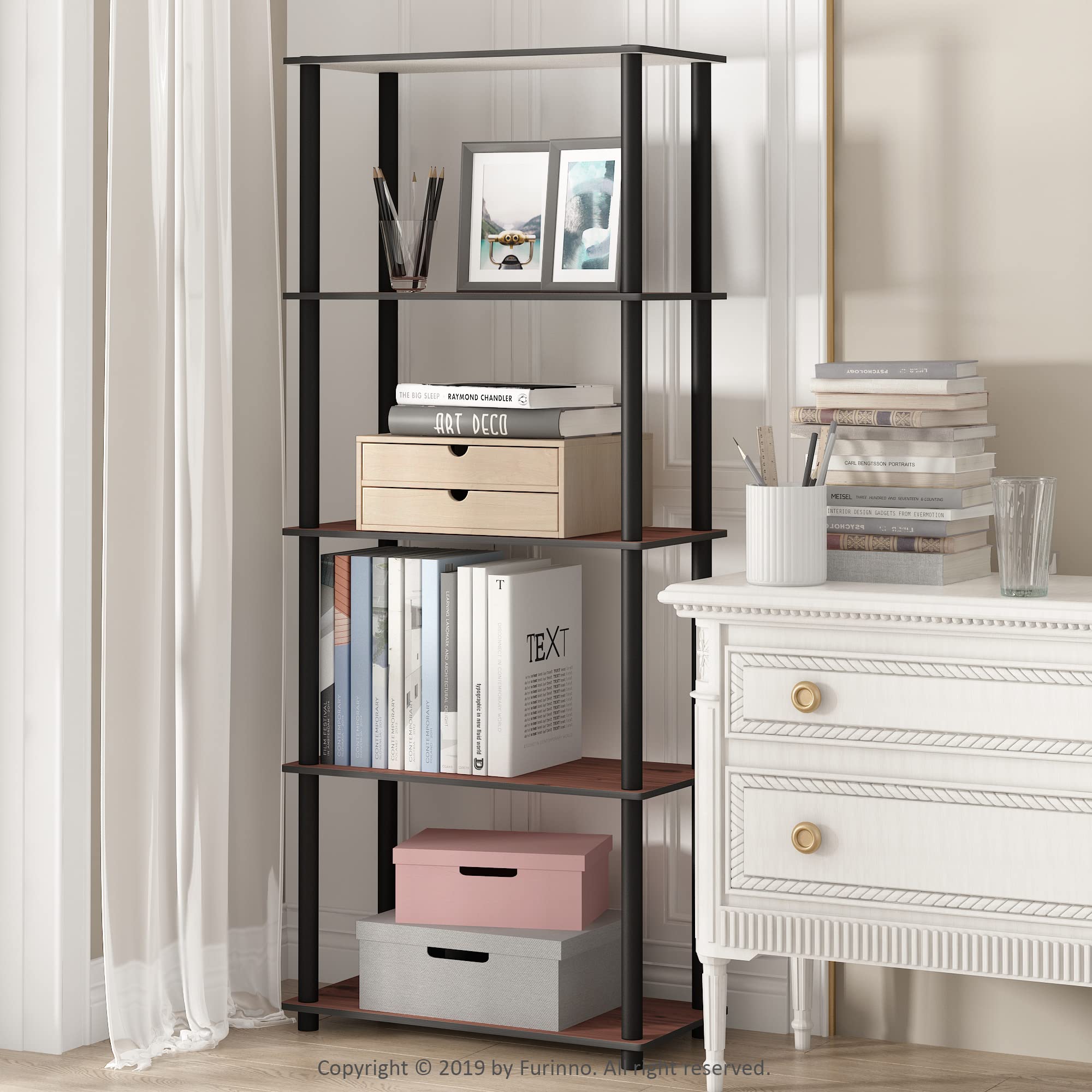 Furinno TURN-N-TUBE Storage Shelves, 5-Tier Book Shelf, Corner Shelf, Toolless Open Shelves, for Organization and Storage, Living Room, Garage, Home Office, Dark Cherry