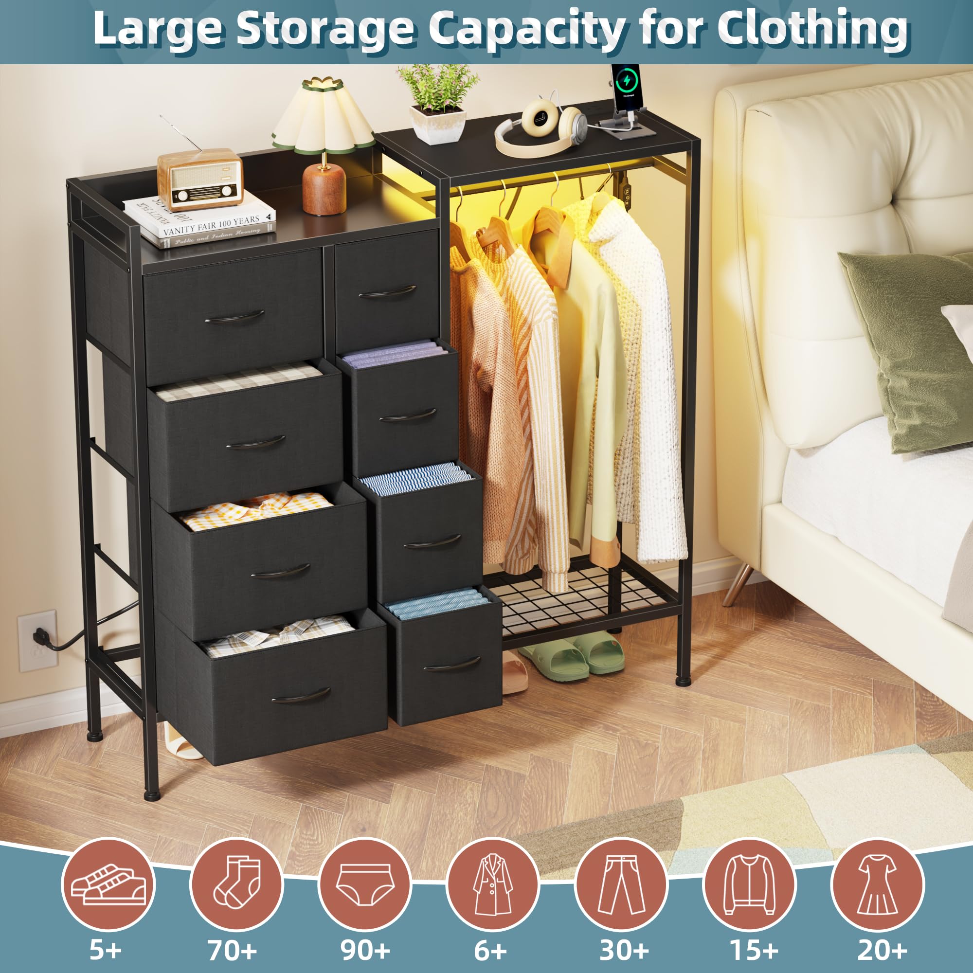 HIGDBFE Dresser with Hanging Rack, 8-Drawer Dresser for Bedroom with Charging Station & LED Lights, Fabric Dressers with Shoe Rack, Chest of Drawers with Wooden Top for Bedroom, Black, 11.8" D