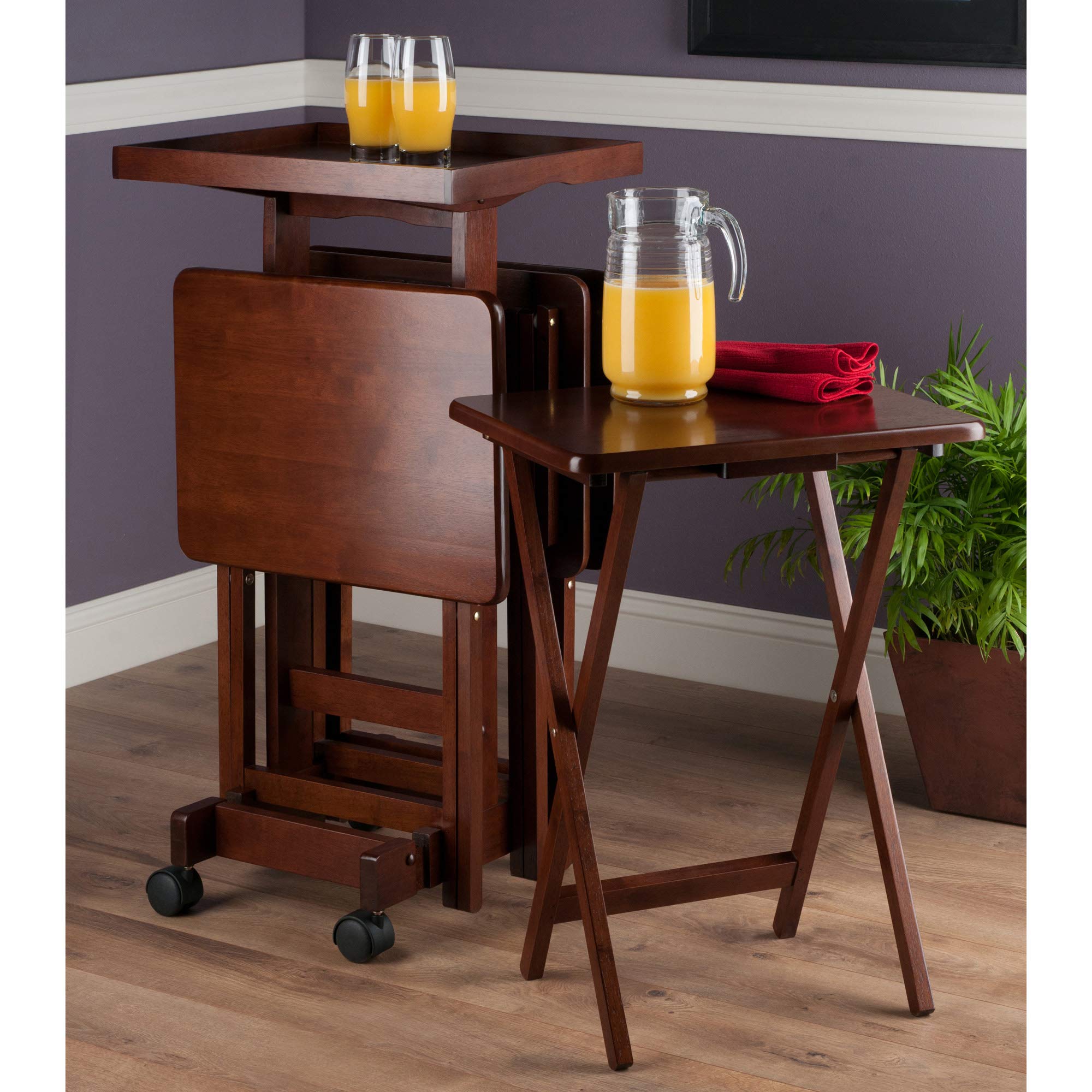 5-Piece Solid Wood Snack Table Set with Rolling Stand