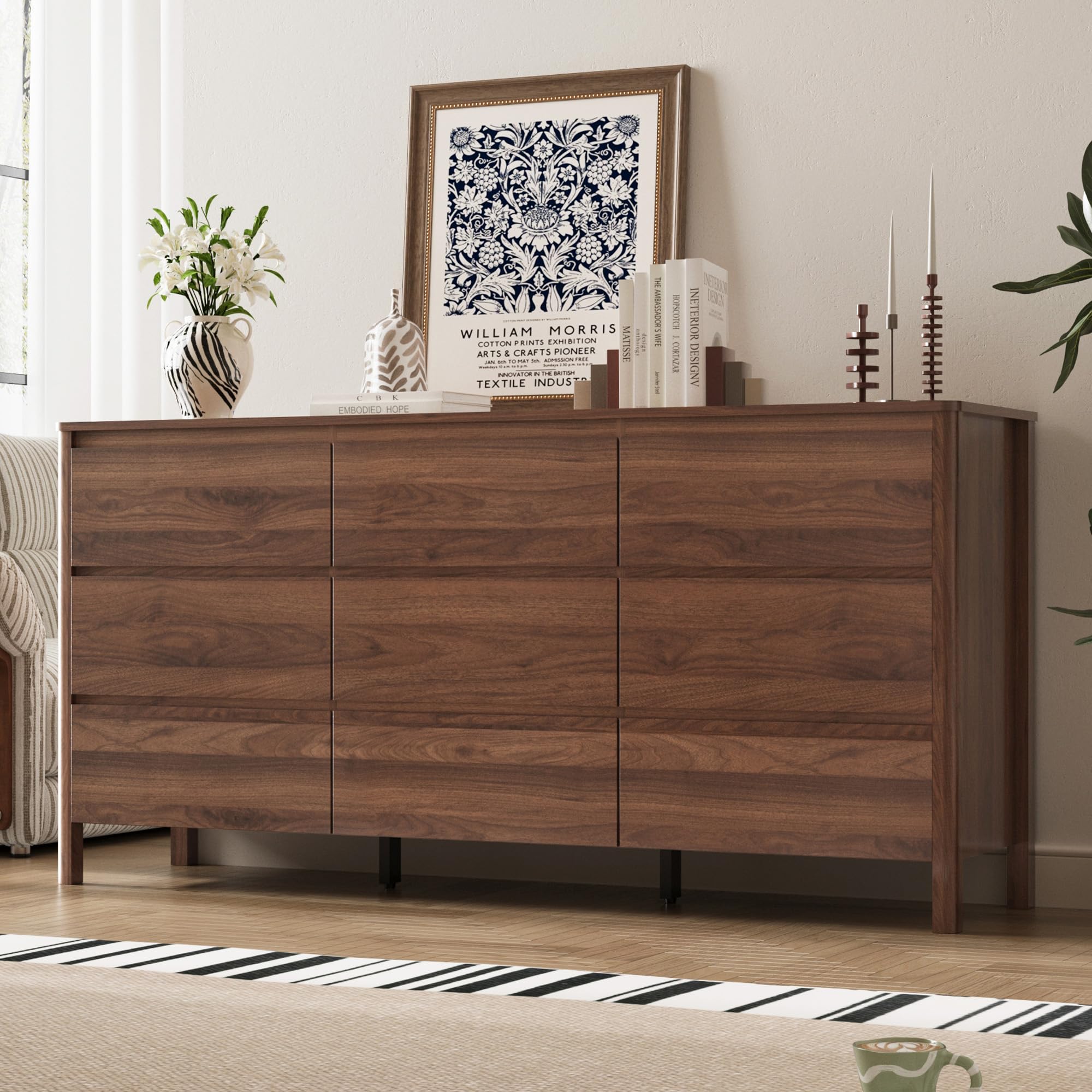 MAISONARIA Walnut 9 Drawer Dresser for Bedroom, 63" Modern Dresser with Hidden Handles, Space-Saving Wooden Drawer Organizer, Living Room, or Hallway, Vertical Storage Chest of Drawers