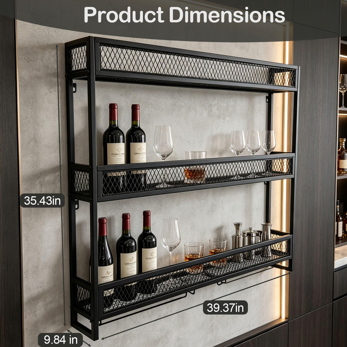 39.3in Wall Mounted Wine Rack with LED Light, 3-Tier Metal Liquor Shelf
