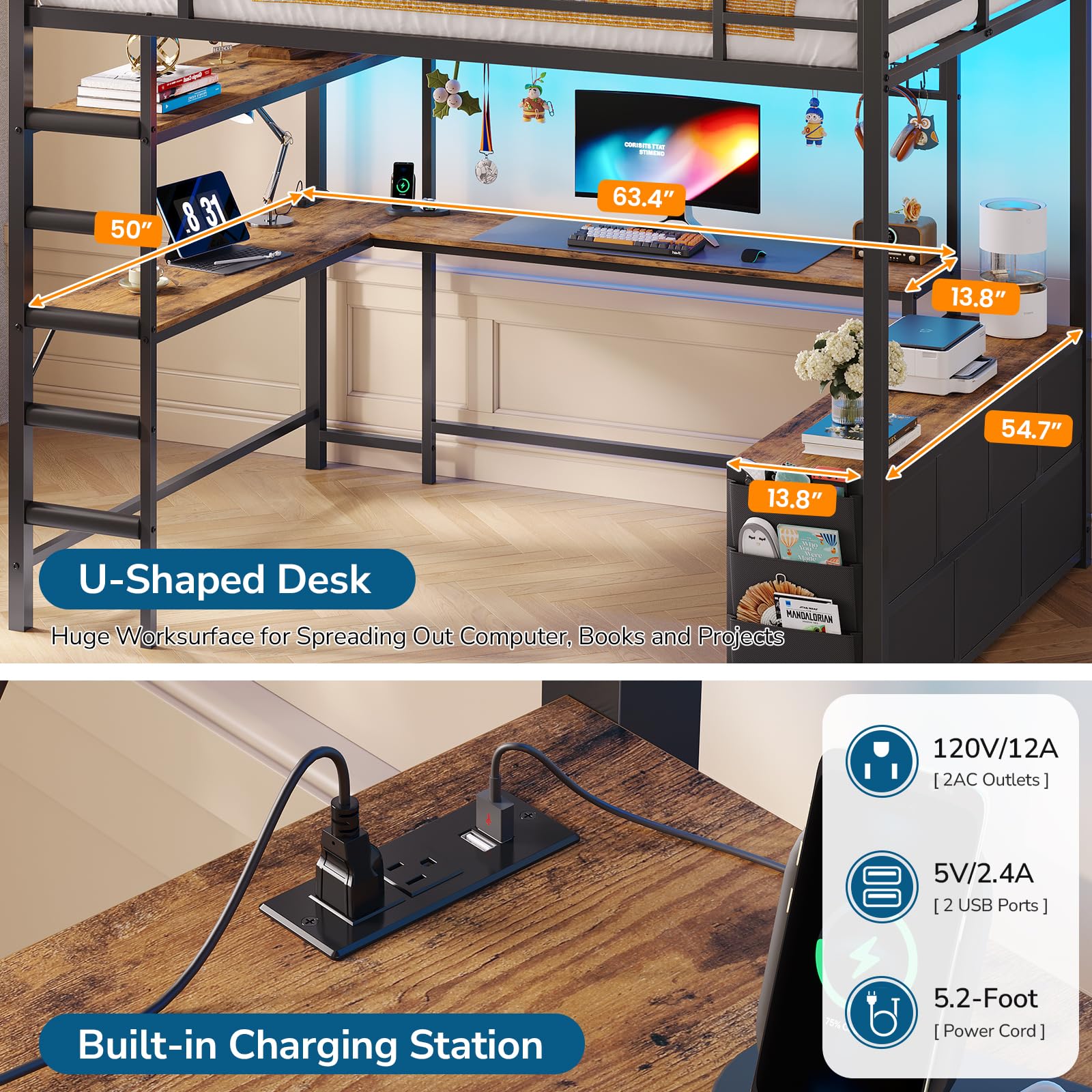 Full Size Loft Bed with Desk, Storage Drawers & RGB LED Lights