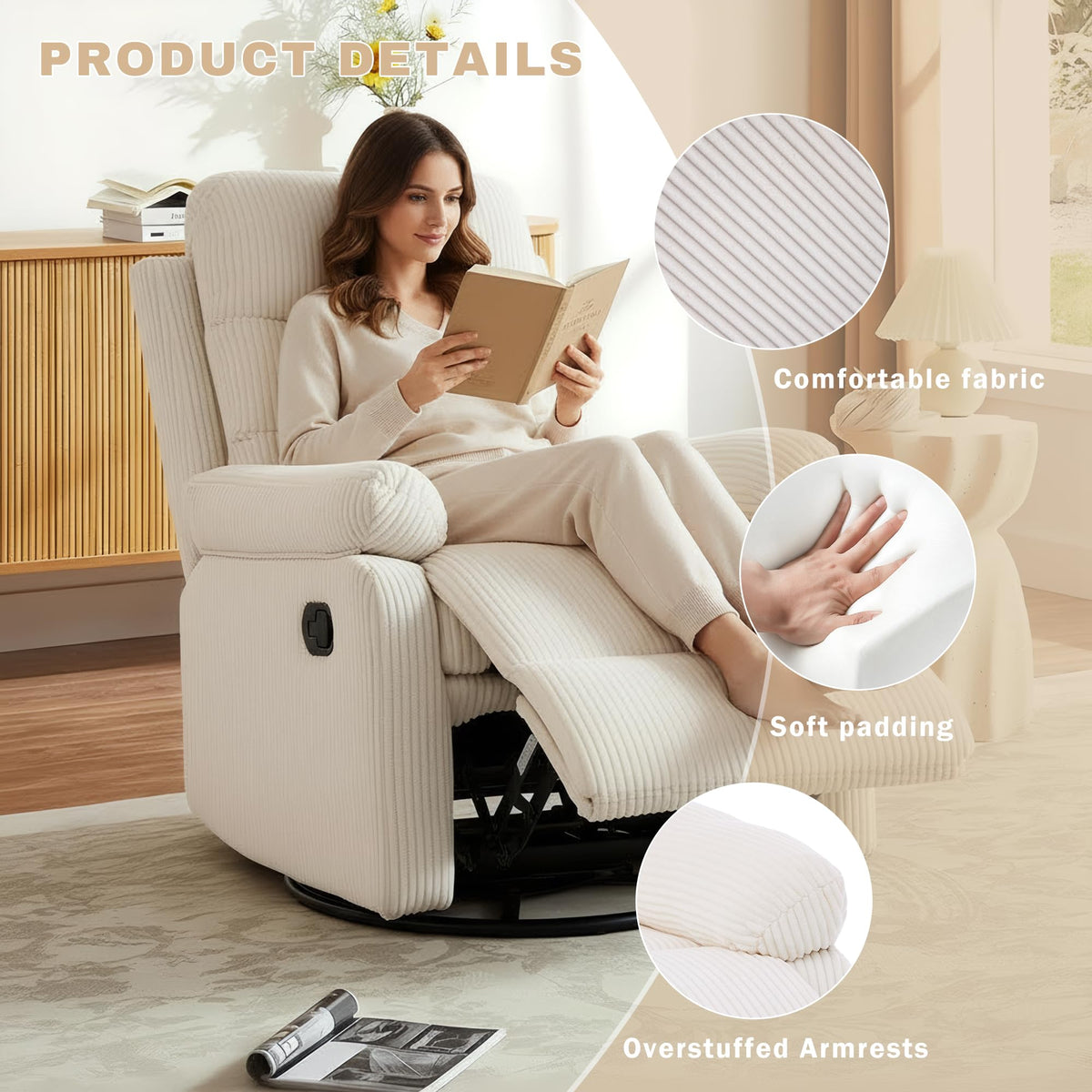 GAOHAPY Rocking Recliner Chair,Modern Swivel Glider Recliner Chair,Corduroy Fabric Upholstery Recliner,Manual Reclining Sofa Chair for Living Room,Office,Apartment (Beige)