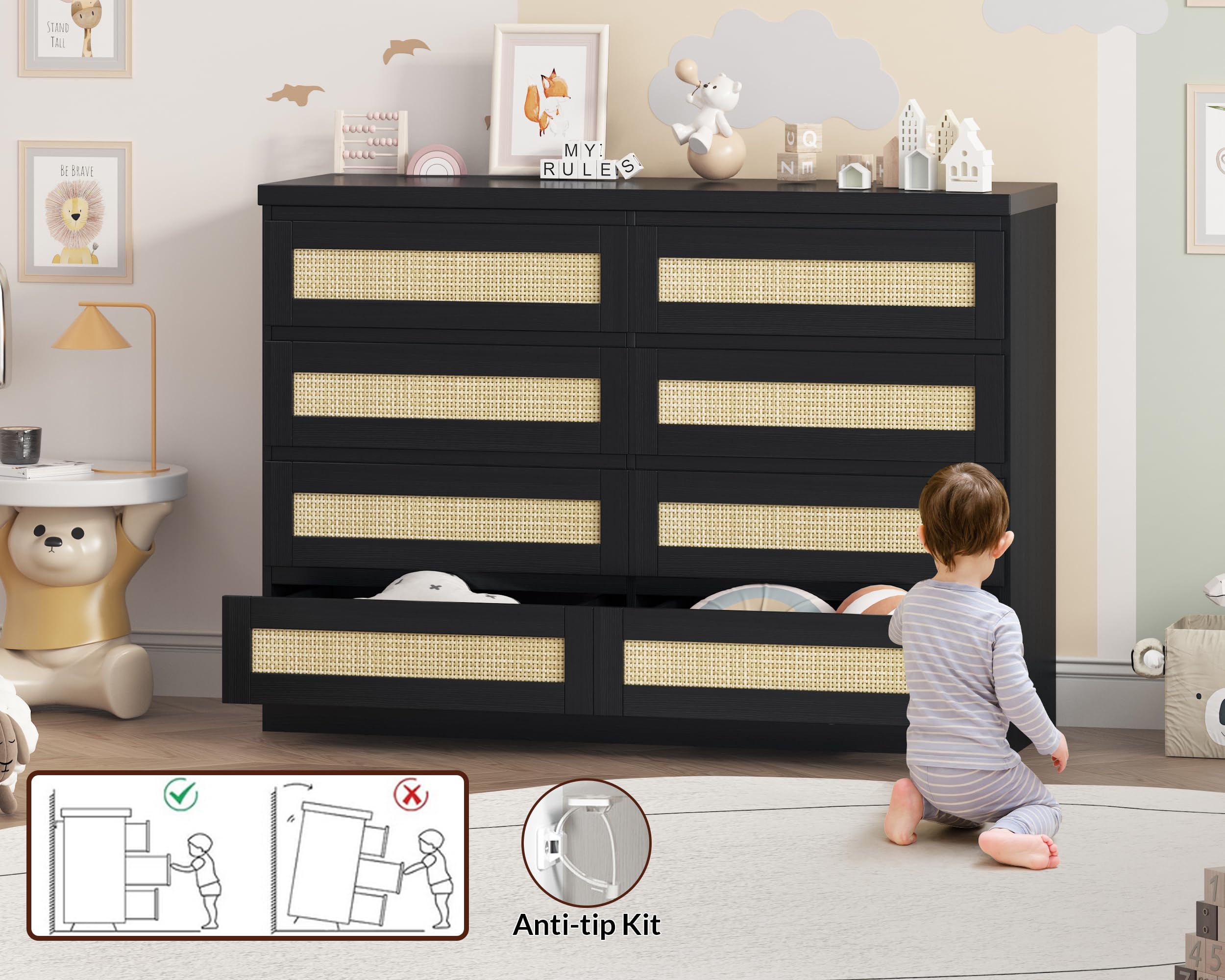 MilleLoom 47 Inch Rattan 8 Drawer Dresser, Modern Farmhouse Chest of Drawers, Tv Stand Dresser Accent Furniture for Living Room, Bedroom, Entryway