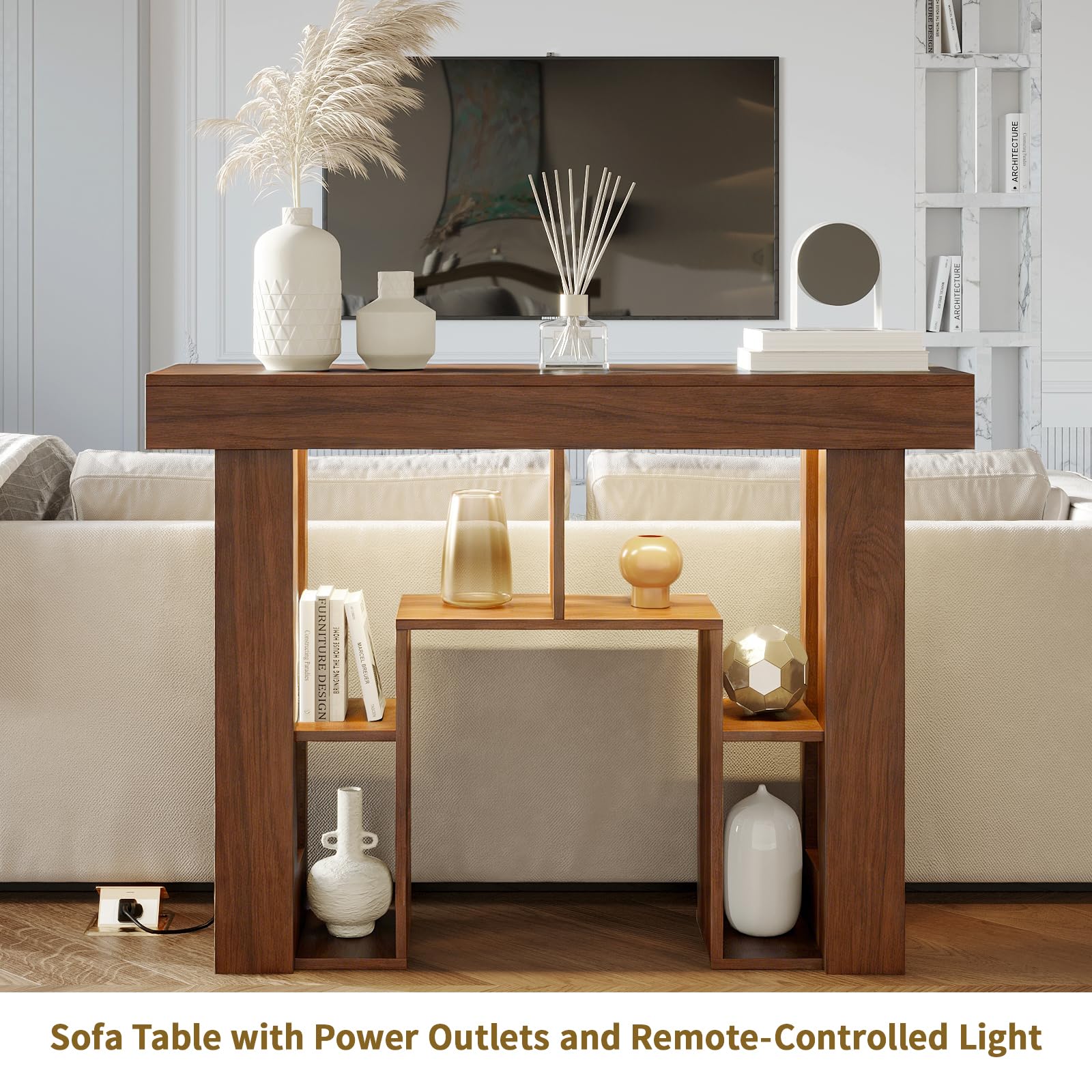 Console Table for Entryway,Narrow Console Table with Storage,Open Shelving,Sofa Table Behind Couch,Power Outlets and USB Ports,Suitable for Living Rooms,Hallways,and Entryways(Console Table-Walnut)