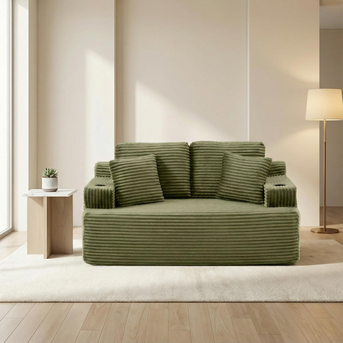 Corduroy Sofa with Cup Holders