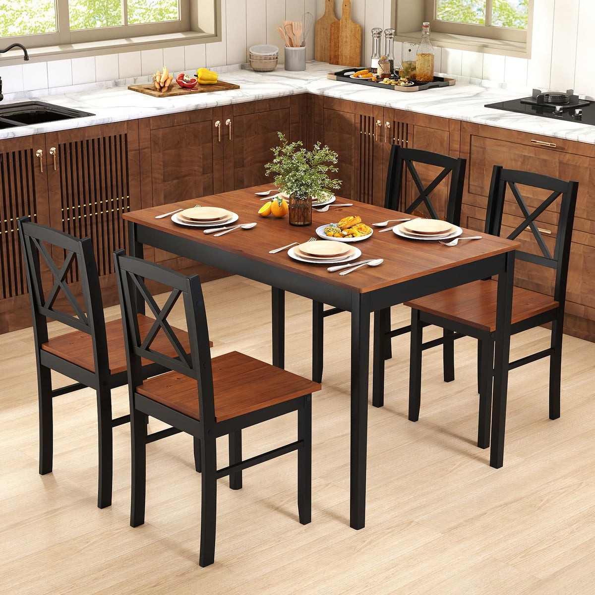 GIANTEX 5-Piece Dining Table Set for 4, Rectangular Kitchen Table & 4 Chairs with Rubber Wood Legs, Cross Backrest, Space-Saving Mid Century Modern Dinette Set for Dining Room, Breakfast Nook, Dinner