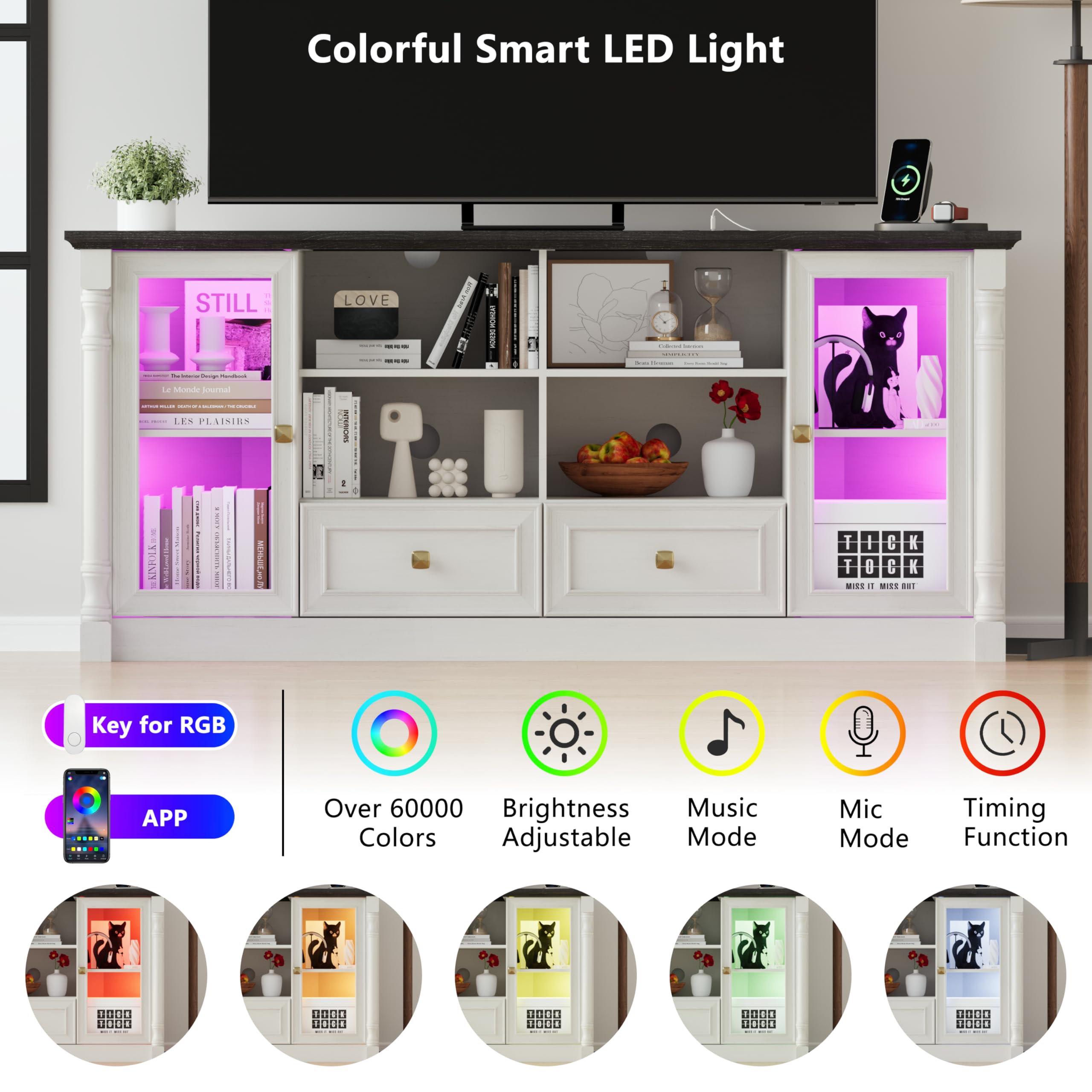 Farmhouse Corner TV Stand for 55 65 Inch TV, Modern Corner Entertainment Center with Power Outlet, Adjustable LED Lights & Glass Doors , Wood Console Cabinet with Storage for Living Room, Bedroom