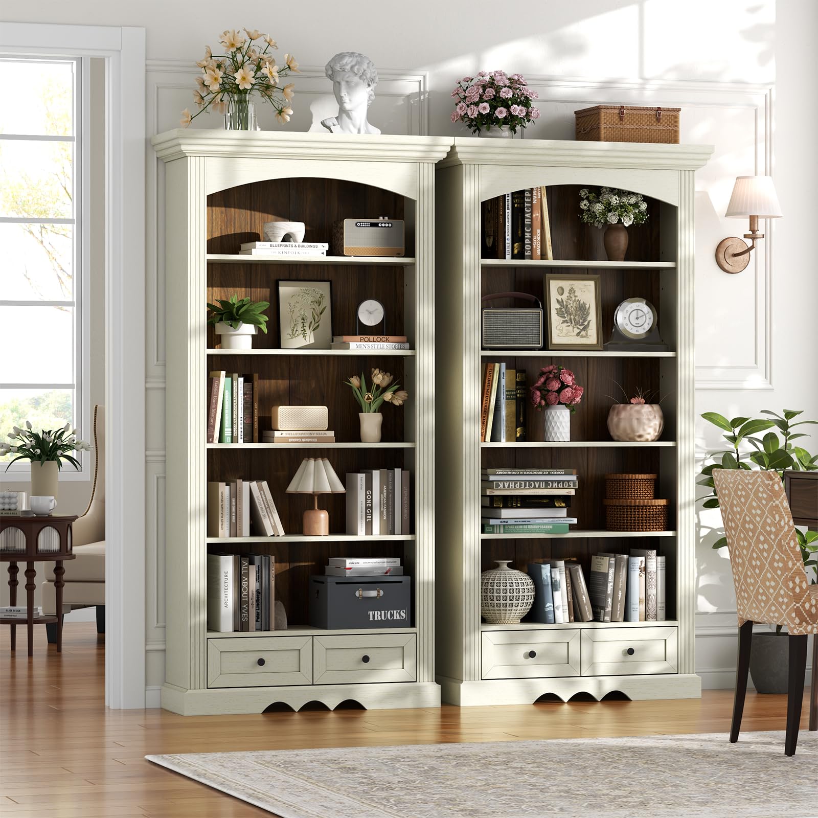 Gyfimoie 71’’ Tall Arched Bookcase with Stroage, Farmhouse 5-Tier Arch Bookshelf with Drawers, Freestanding Book Shelf with Adjustable Shelf and Roman Column Pattern for Home Office (1, White)