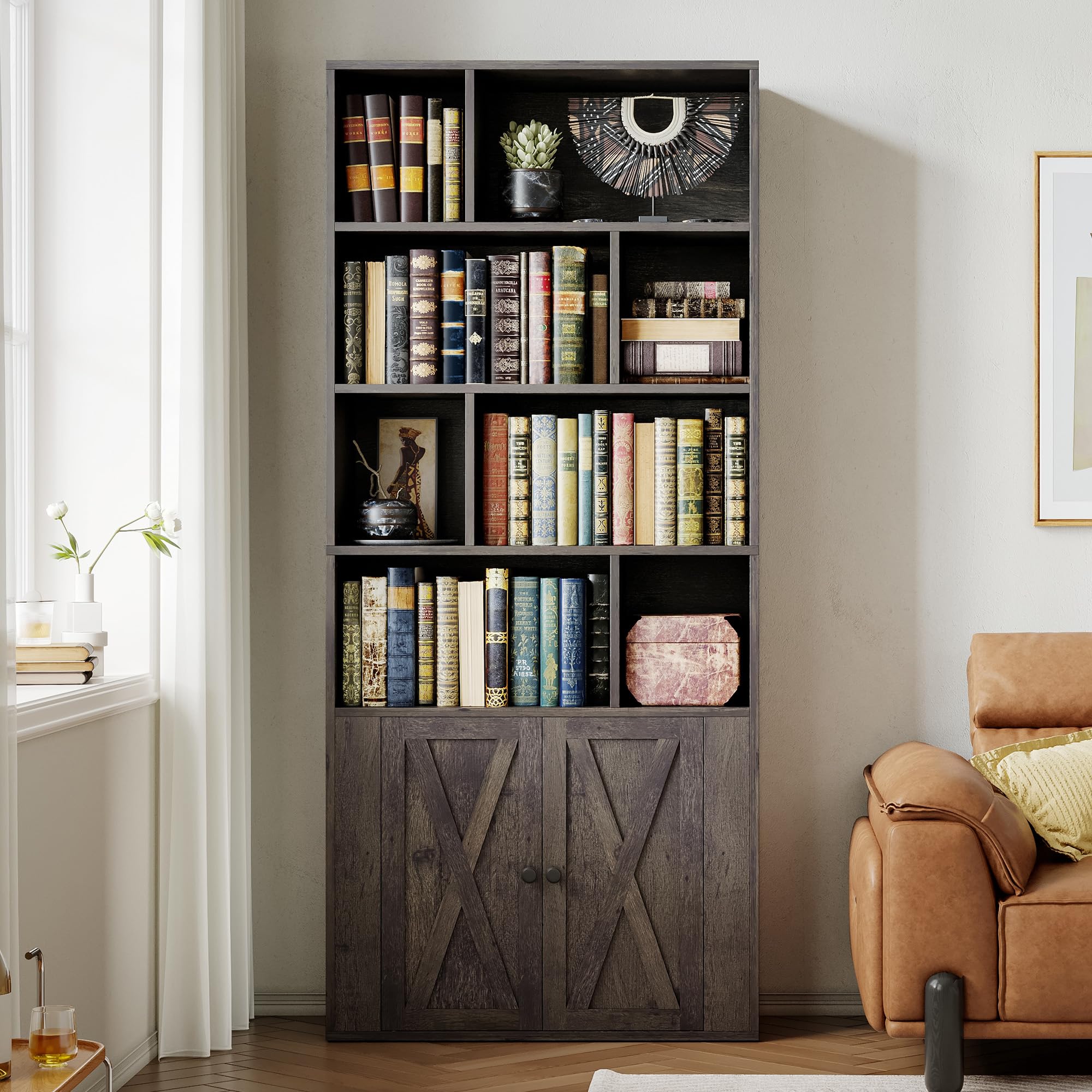 IRONCK Book Shelf, Tall Bookshelf with Storage, Bookshelves and Bookcases with Doors, 4-Tier Bookcase with 8 Open Cubes for Living Room, Office, Study, Charcoal Gray