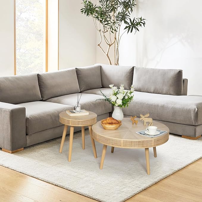 Round Farmhouse Coffee Table Set with Rattan, 2-Pack