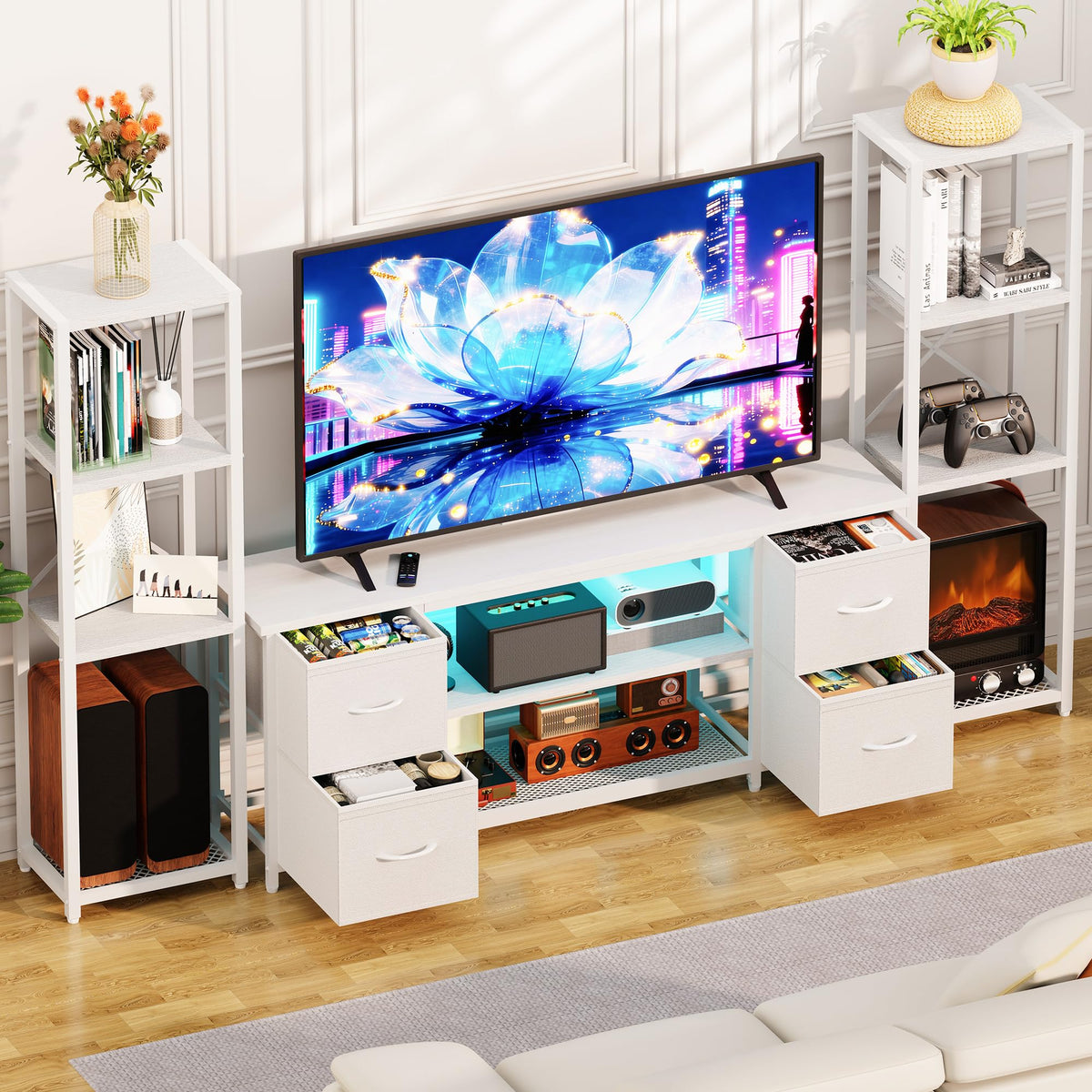 LED TV Stand Entertainment Center Bookshelf Combo with Charging Station