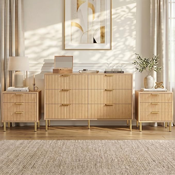 3-Piece Fluted Dresser and Nightstand Set, White and Gold