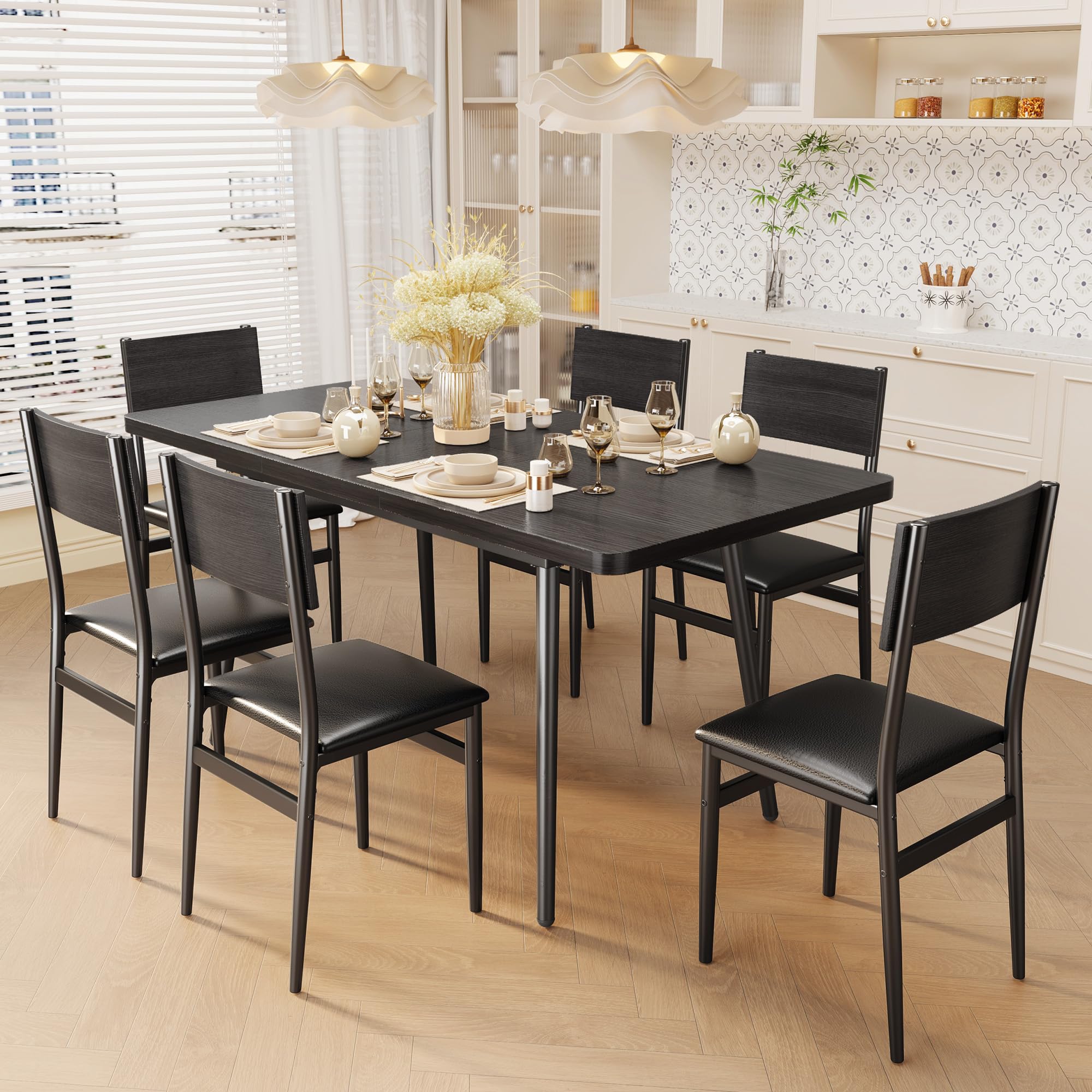 Ahomly 7-Piece Extendable Dining Table Set with 6 Padded Chairs, 63" Dining Table Set for 4-6, Kitchen Table Set with MDF Board & Metal Frame, for Small Space, Kitchen, Apartment, Black